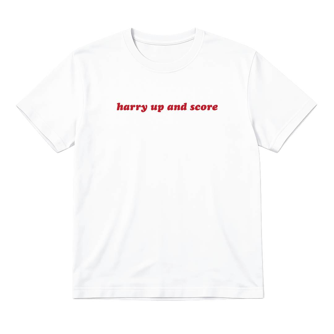 Ladies “harry up and score ” Baby Tee | Women’s England Football Supporter Tee | White Slogan Top