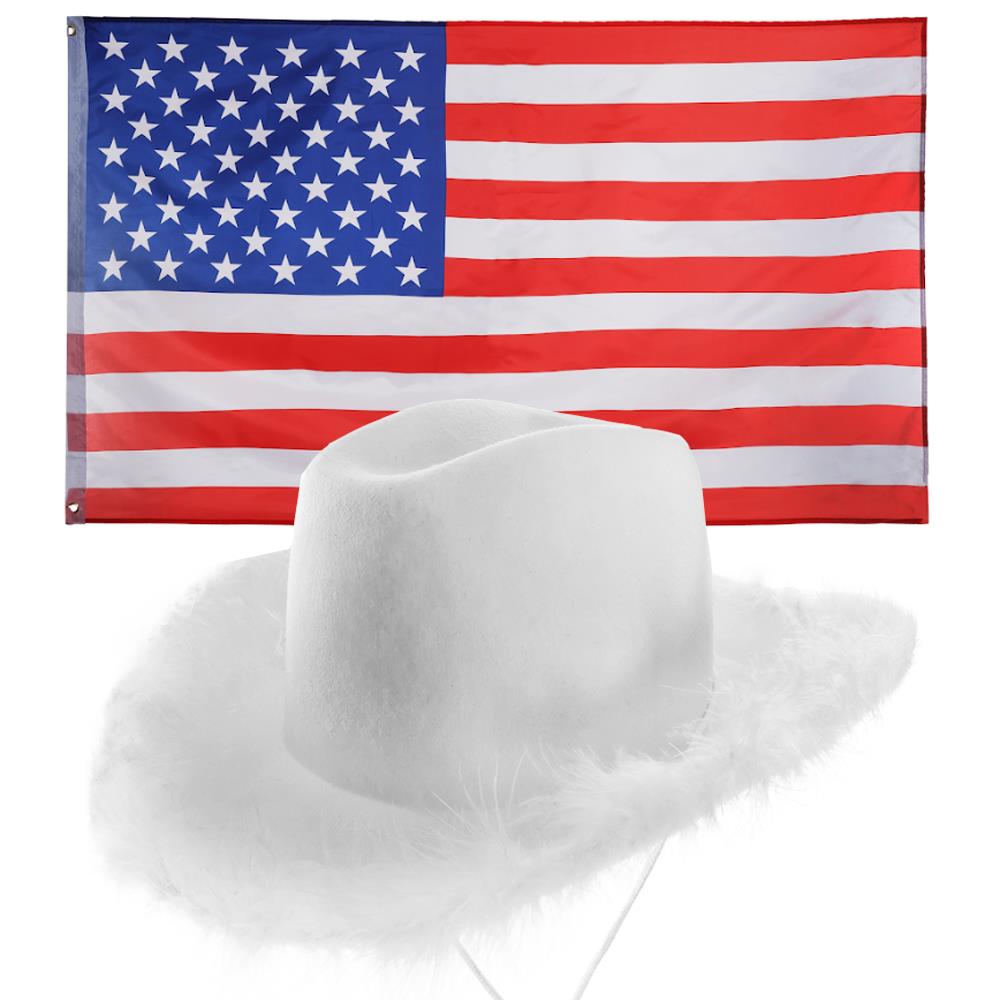 Western Cowboy Accessory Set - White Hat with Diamantes & American Flag
