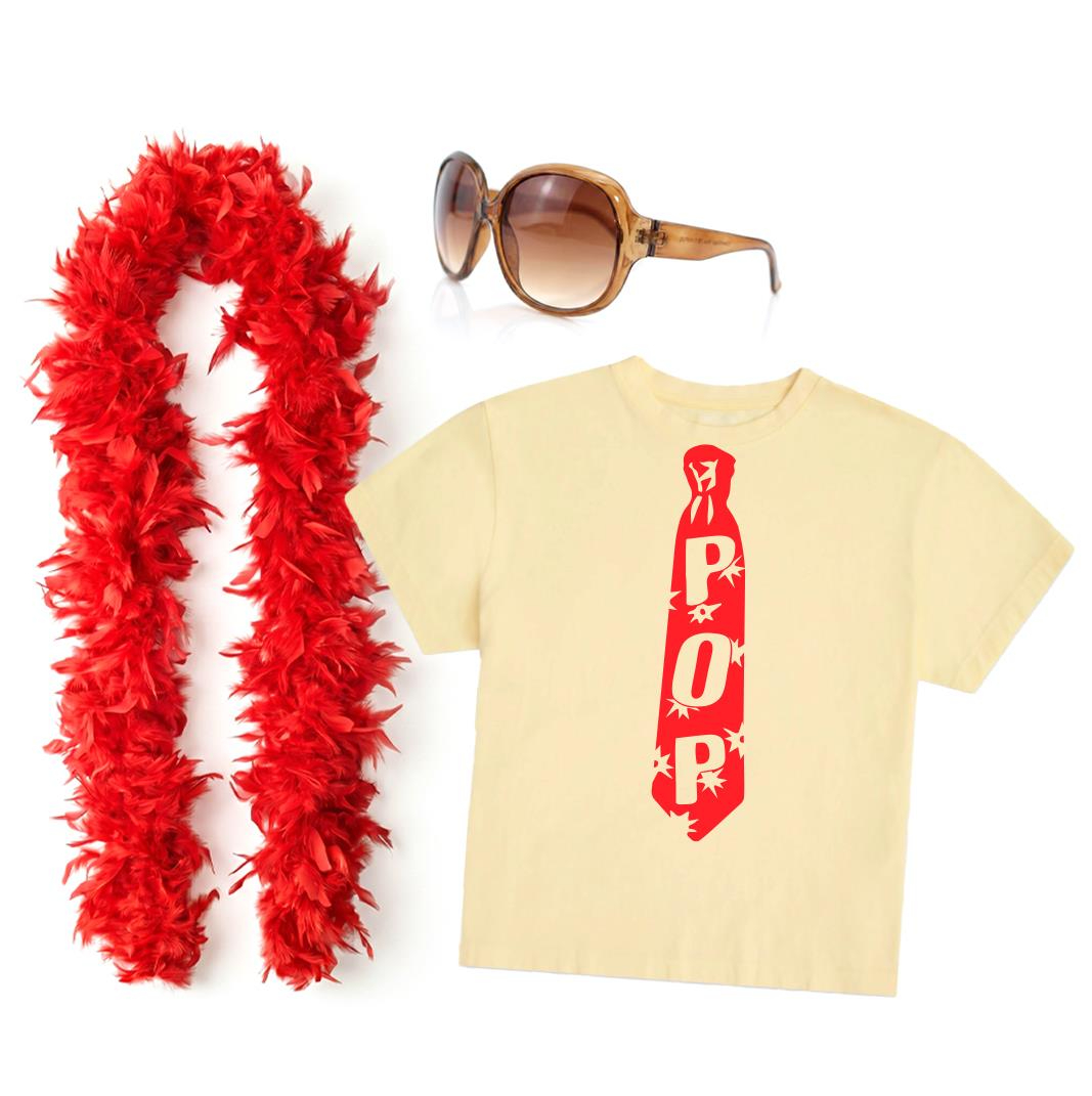 Ladies Pop-Inspired Concert Outfit Set | 3 Piece | Lemon Yellow Graphic Tee, Statement Sunglasses & Red Feather Boa