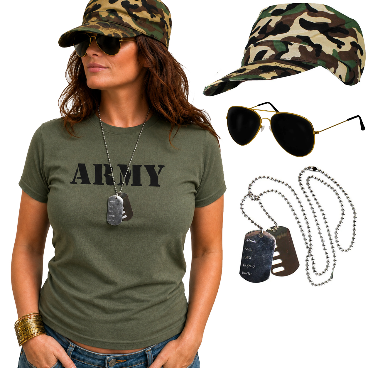 Ladies Army Girl Costume | 4 Pcs | Baby Tee, Hat, Glasses & Necklace