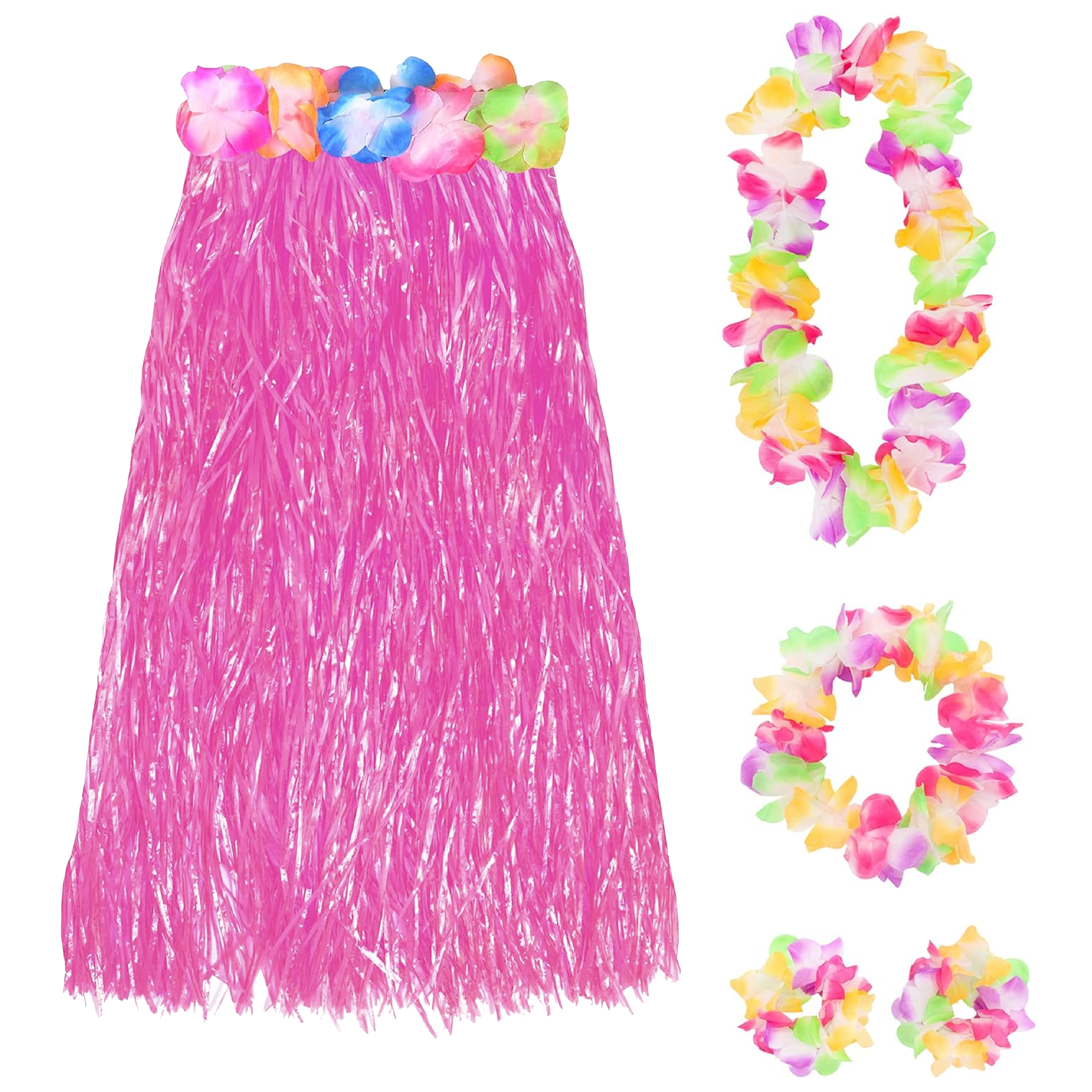 80cm Hawaiian Long Pink Hula Skirt & Lei
