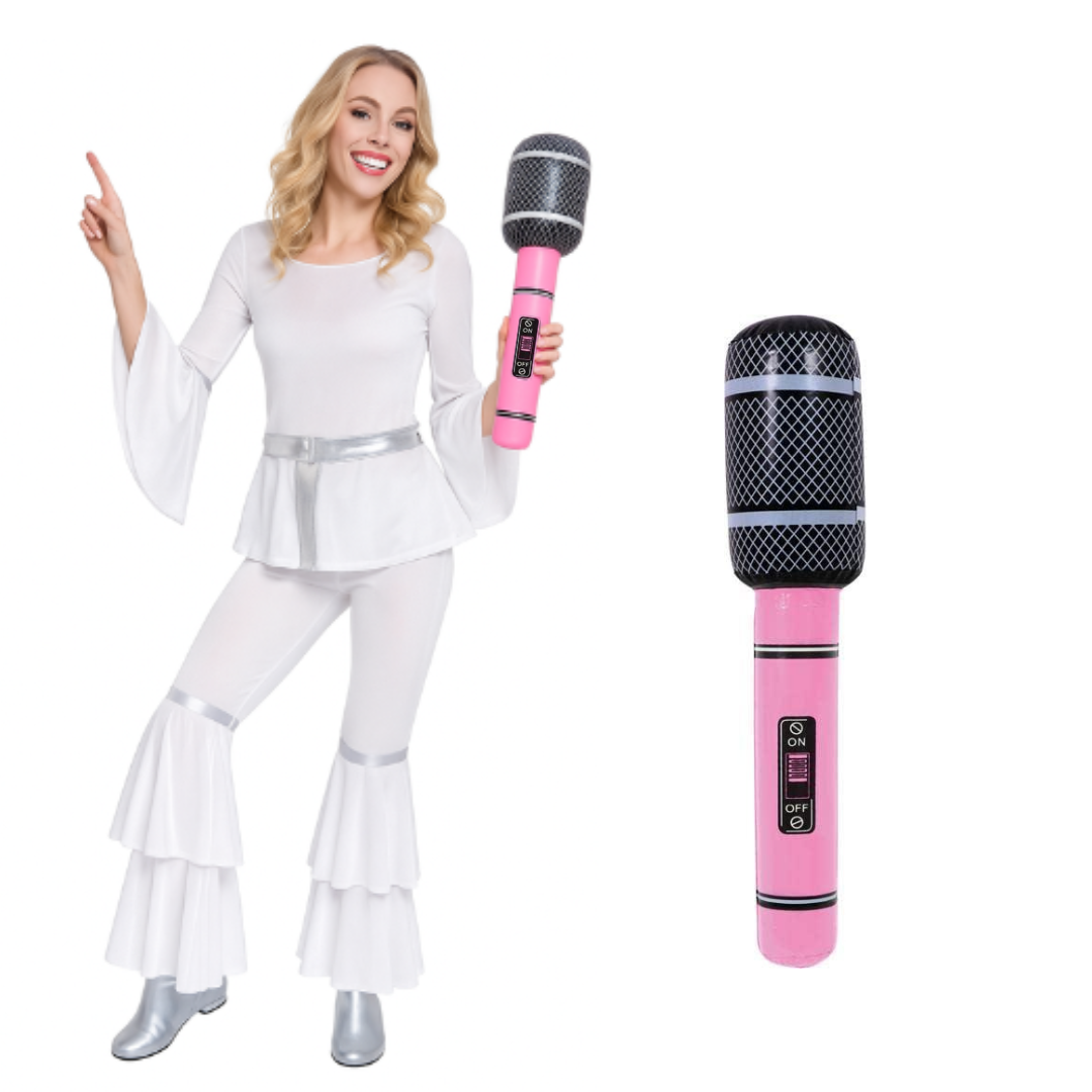 Eurovision Diva Costume with Inflatable Pink Microphone – 70s White & Silver Disco Outfit