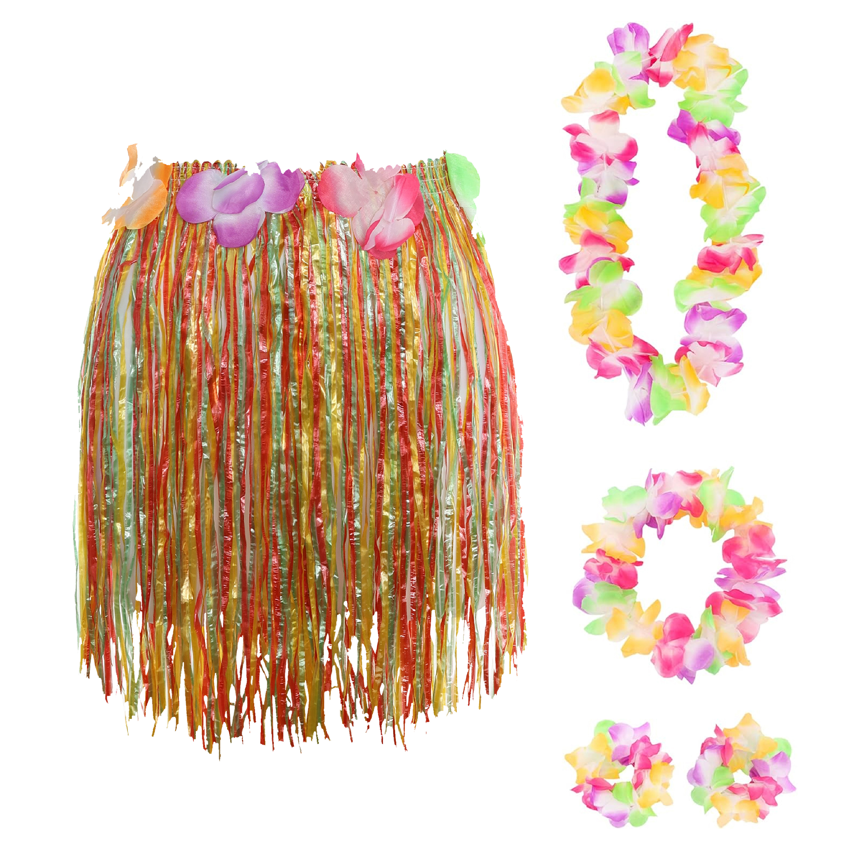 40cm Hawaiian Short Multicoloured Hula Skirt & Lei