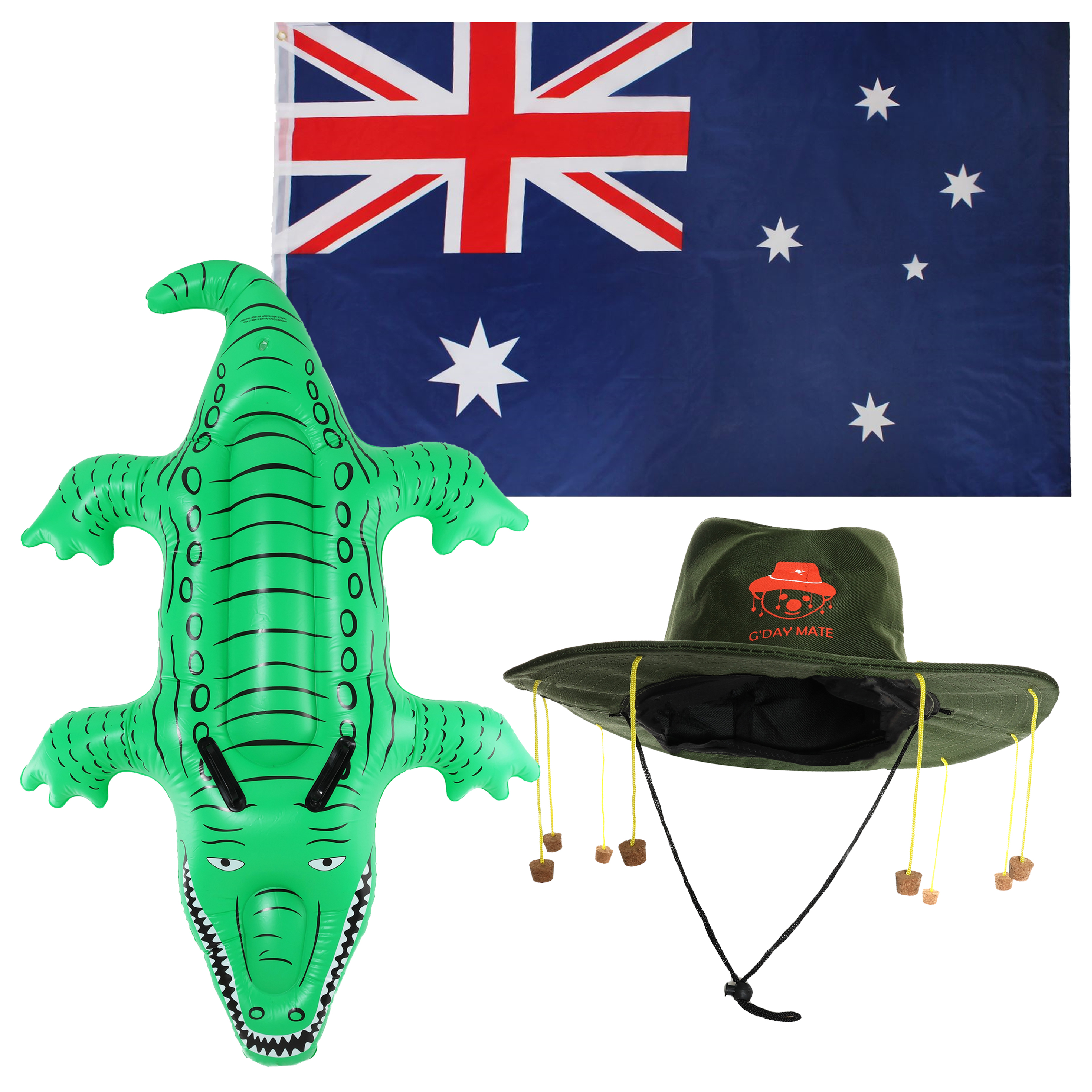 Australia Set 3 Piece Flag, Hat, Inflatable Crocodile Aussie Fancy Dress Pack
