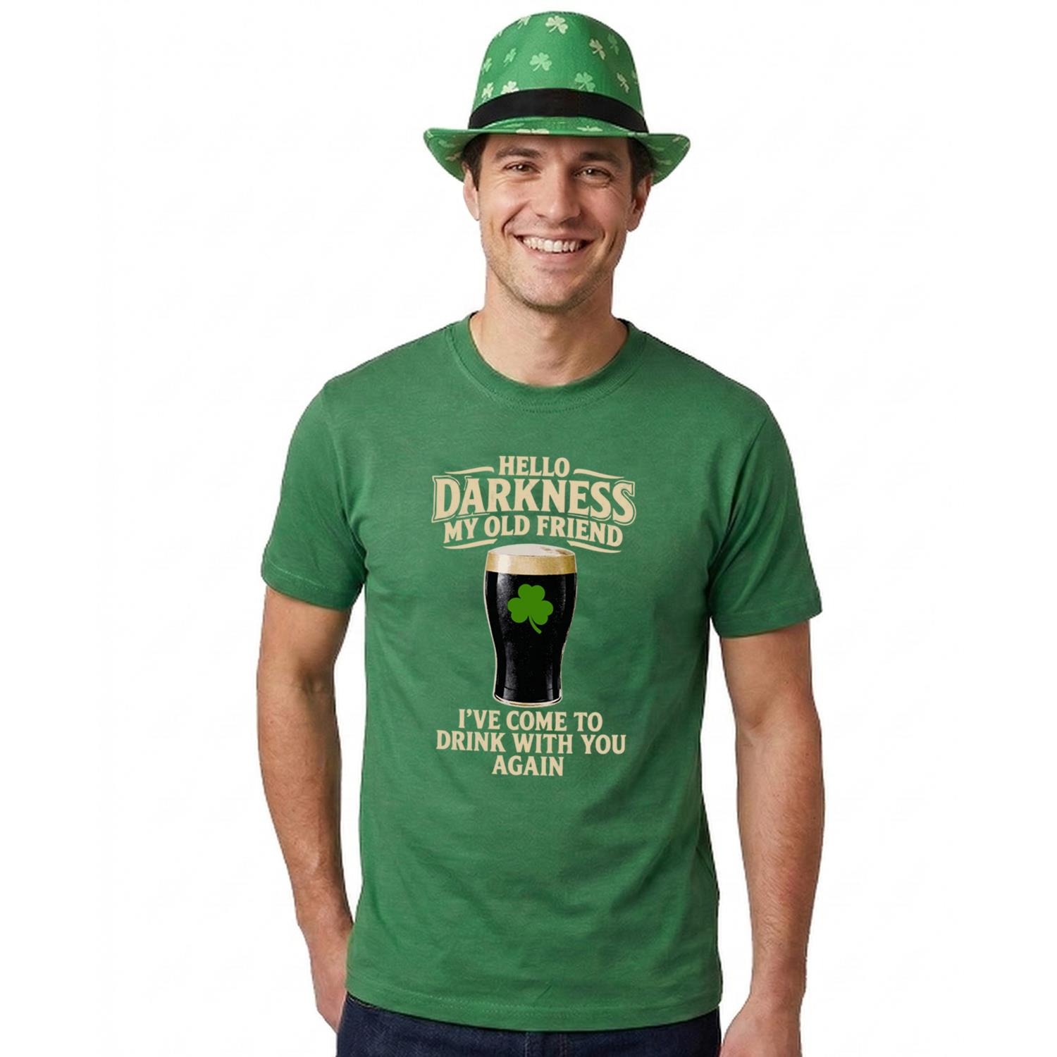 Adults Funny St Patricks Day Costume | Trilby Hat & T-Shirt “Hello Darkness My Old Friend I've Come to Drink with You Again” | Green Tee with Beige Print
