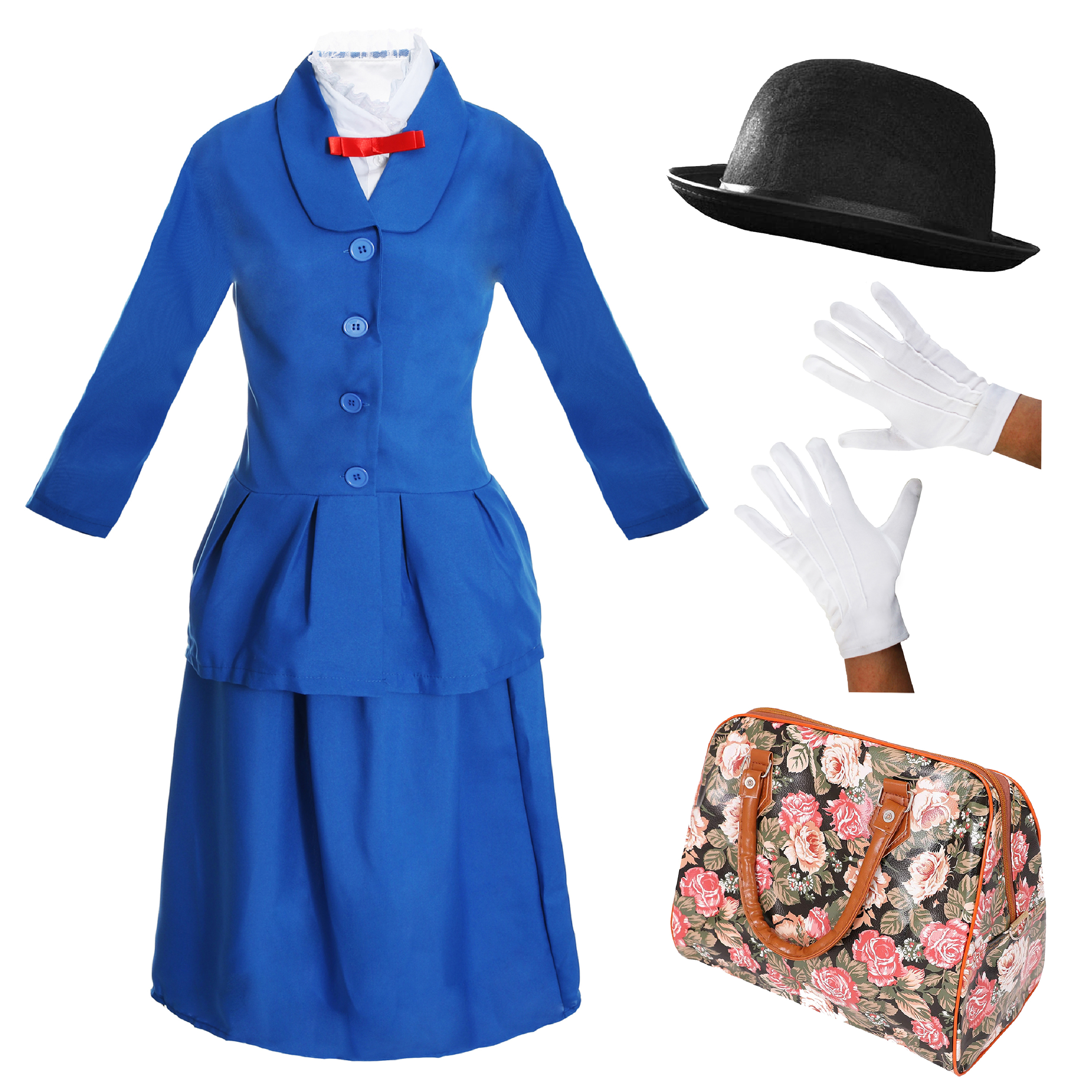 Ladies Magical Nanny Costume - with Plain Bowler Hat (60cm), White Gloves & Cardboard Floral Bag