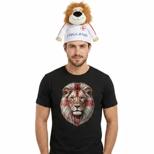 Adults England St George Flag Lion Face T-Shirt & Lion Hat Set | Black Patriotic Football Fan Shirt | Red Cross Realistic Graphic Supporter Top