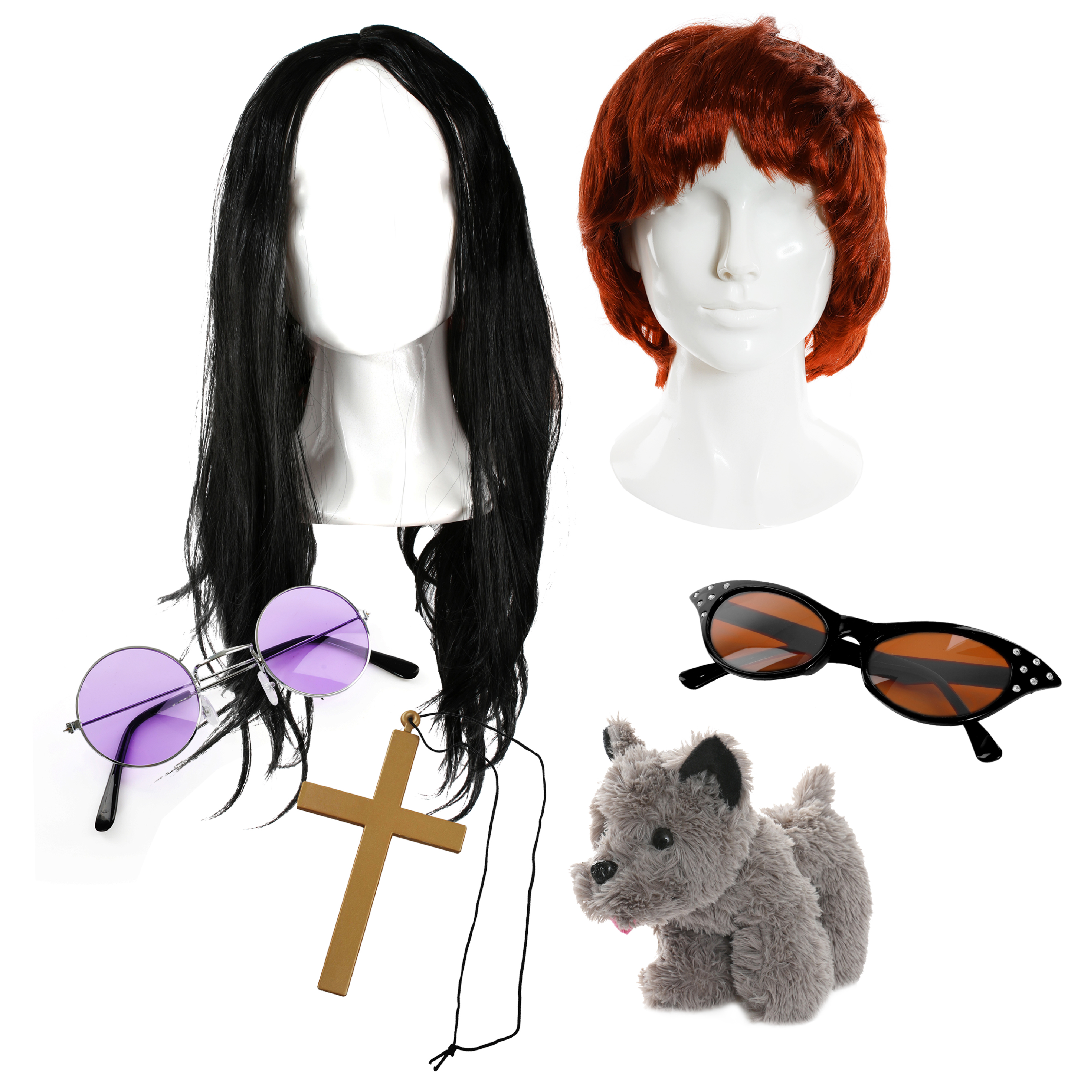 Osbourne Couple Accessory Set | 6 Pcs | Wigs, Glasses, Necklace & Toy Dog