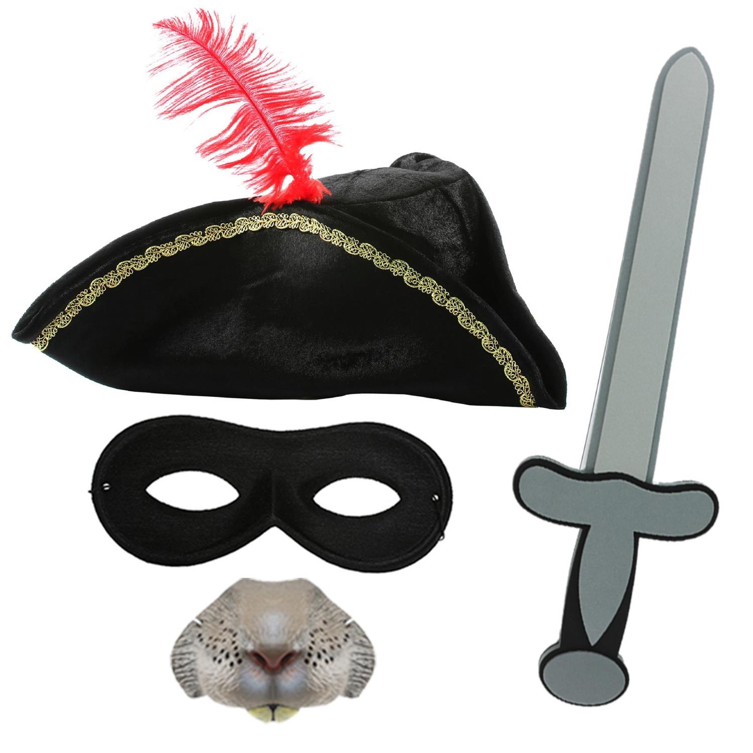 Childs Highway Rodent Accessory Set | 4 Pcs | Feather Tricorn Hat, Nose, Mask & Foam Sword