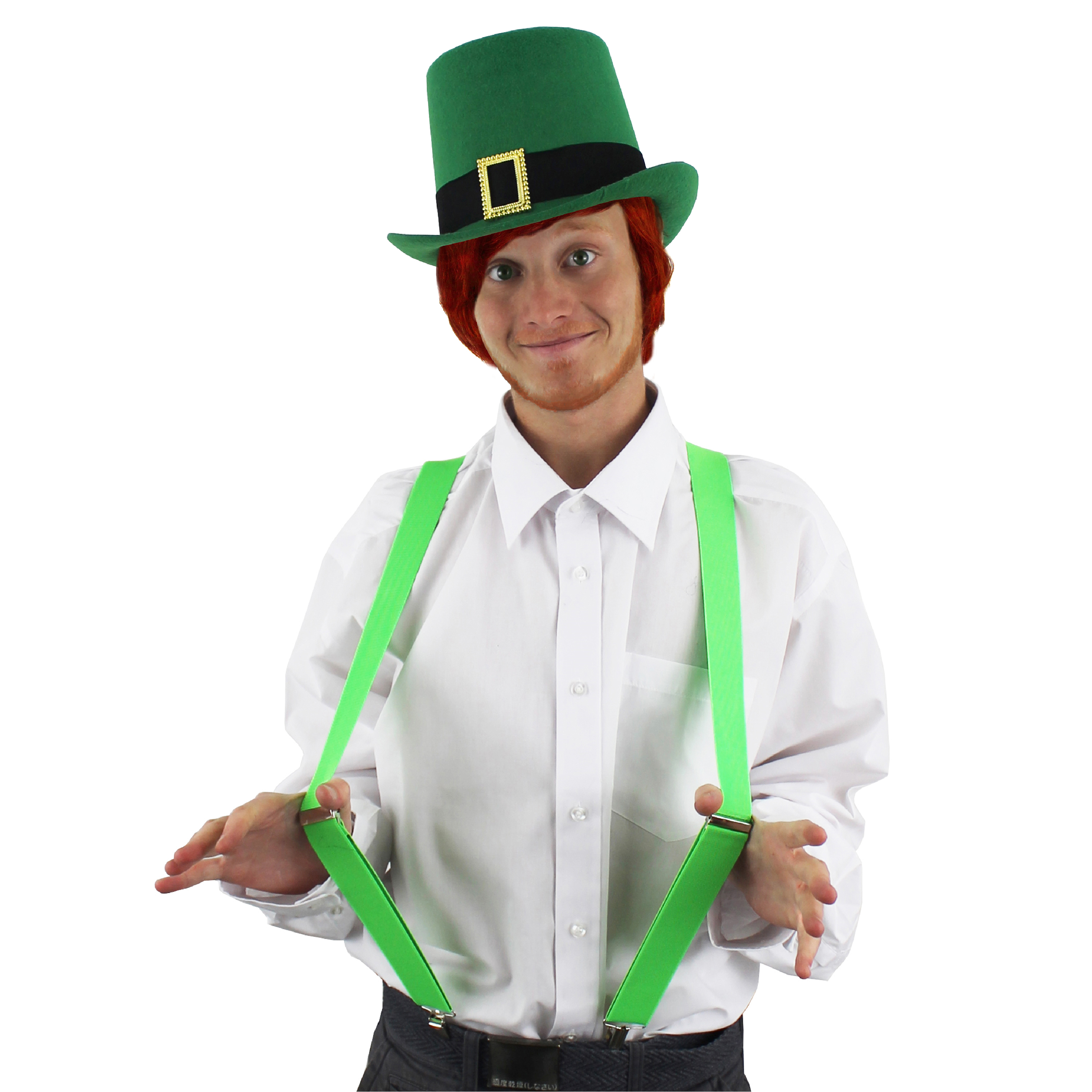 Irish Buckle Top Hat with Short Red Wig & Green Braces
