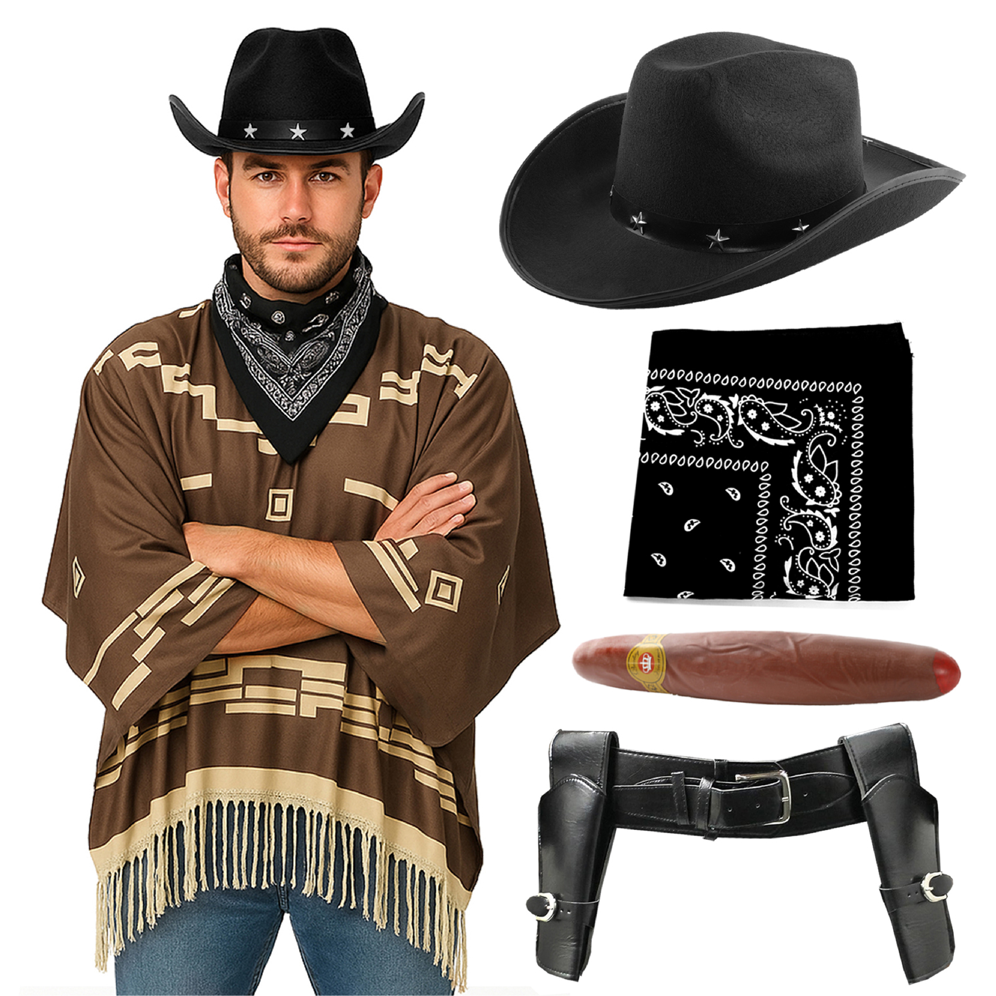 Adults Wild Western Costume | 5 Pcs | Brown Poncho, Cigar, Black Bandana, Holster & Black Star Studded Cowboy Hat