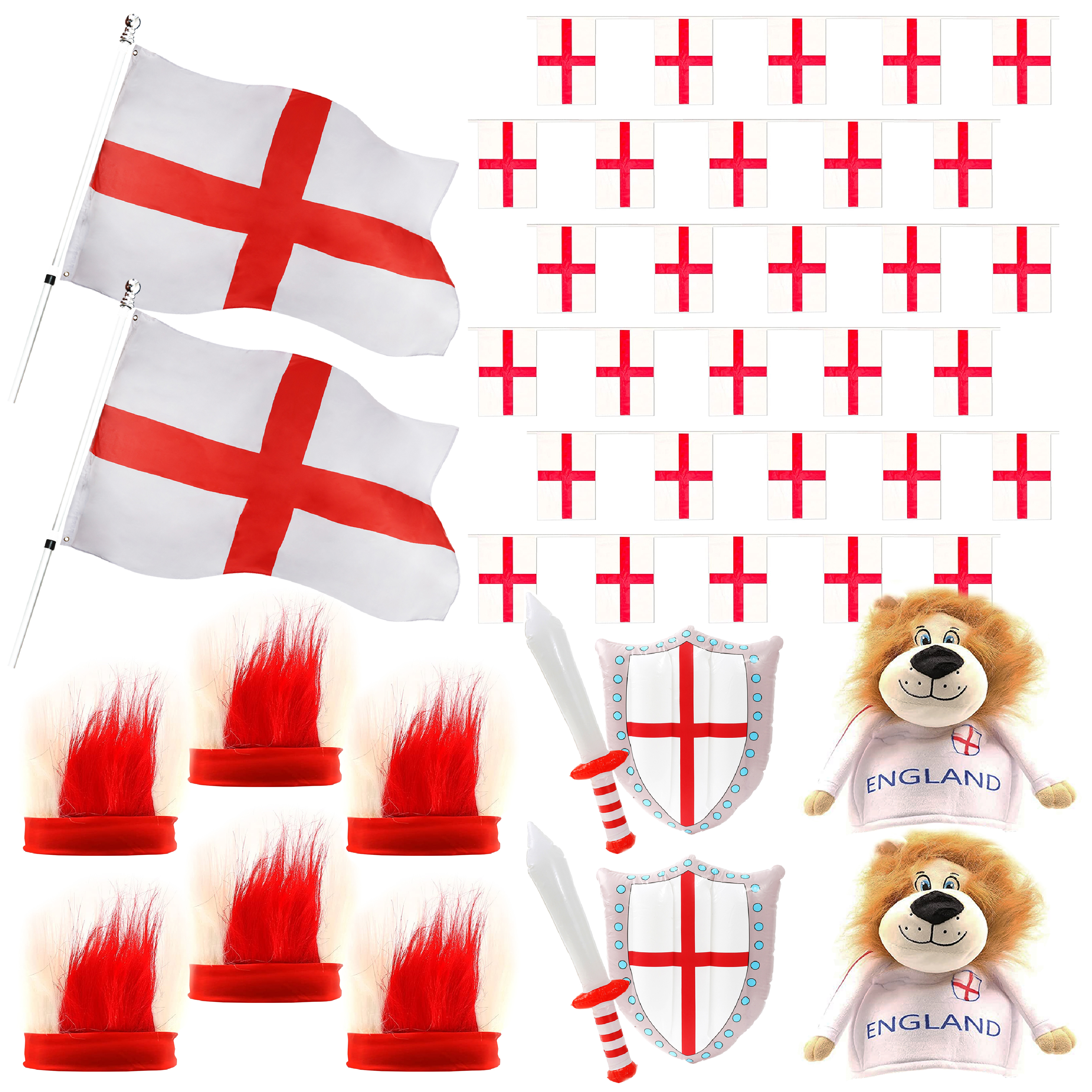 14 Piece England Supporters Set - Flags, Bunting, Headbands, Inflatables & Lion Hats