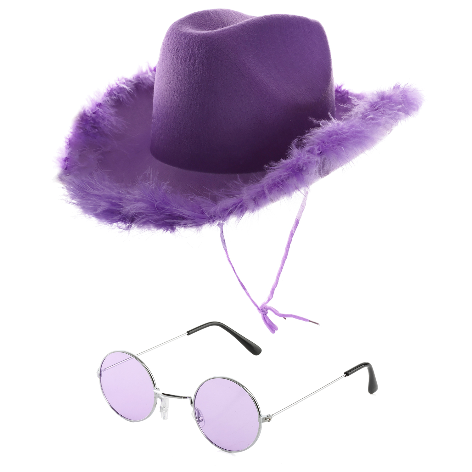 Purple Cowboy Hat with Marabou Trim & Circular Glasses