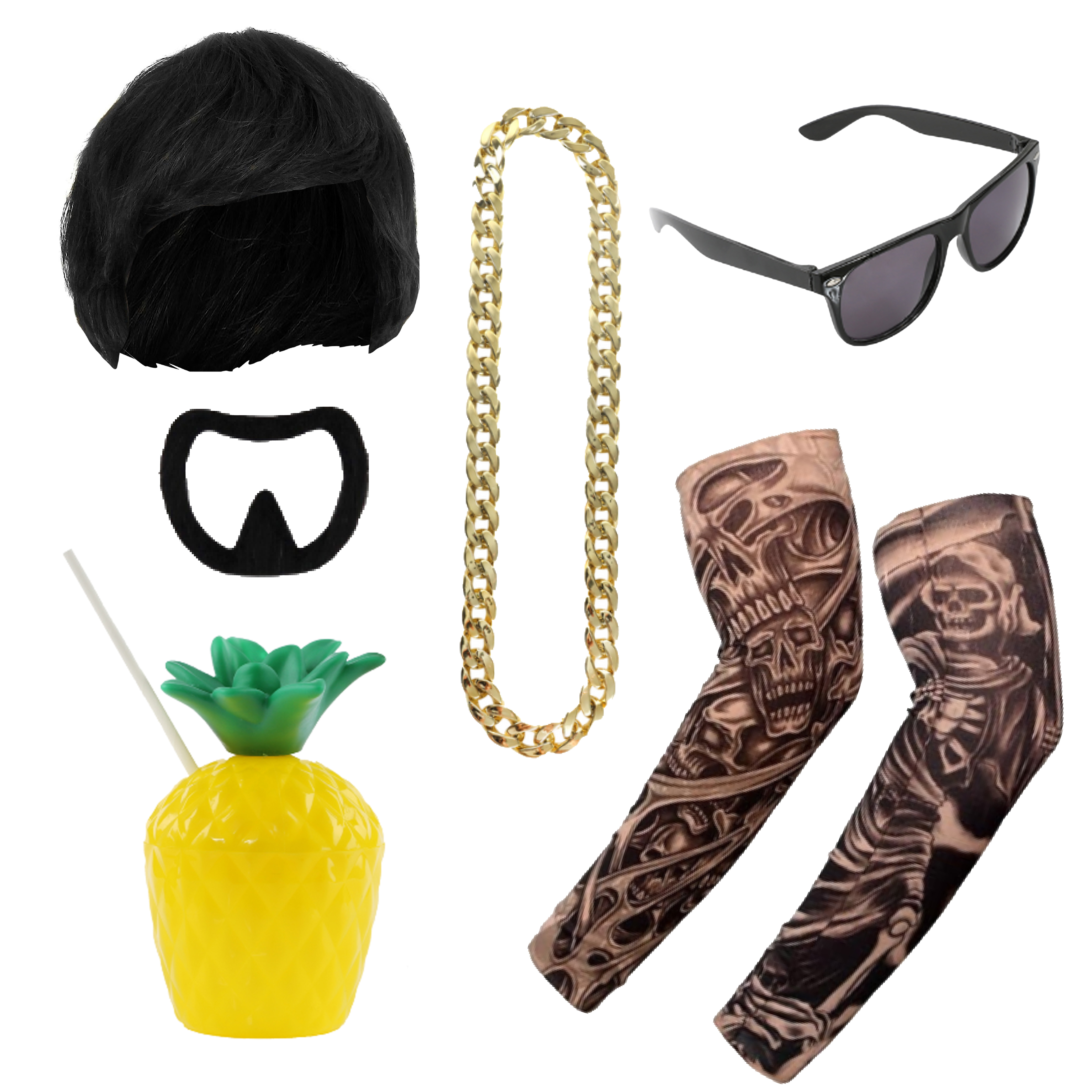 Ibiza Final Boss Costume Accessory Set | 6 Pcs | Wig, Chain, Black Sunglasses, Goatee, Tattoo Sleeves & Pineapple Cup