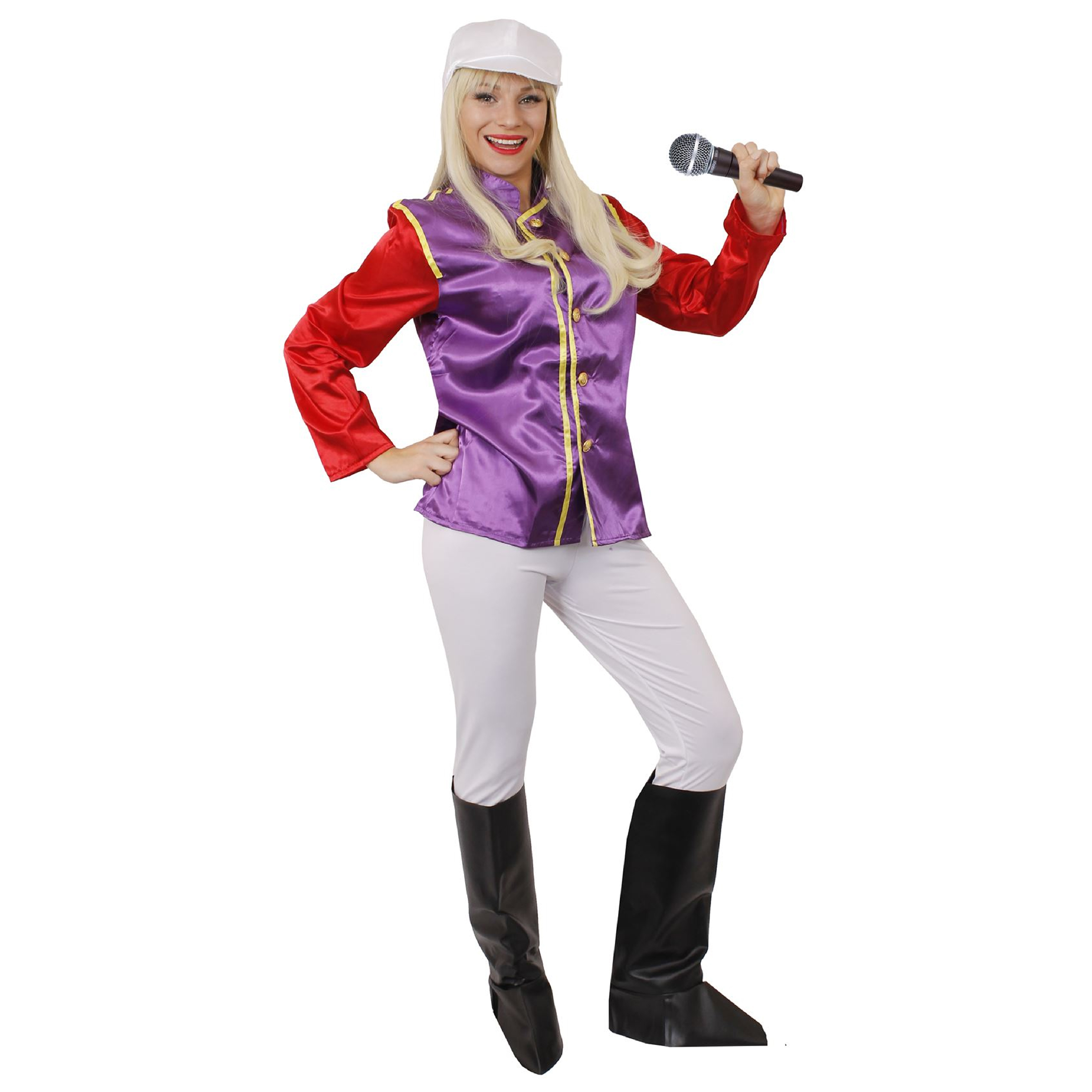 Woman's Purple & Red Jockey Costume - with White Trousers, Boot Covers & Blonde Wig (Without Goggles)