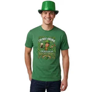 Adults Funny St Patricks Day Costume | Sequin Top Hat & T-Shirt “I'm not Drunk I'm Just Full of Irish Spirit" | Green Tee with Green Print