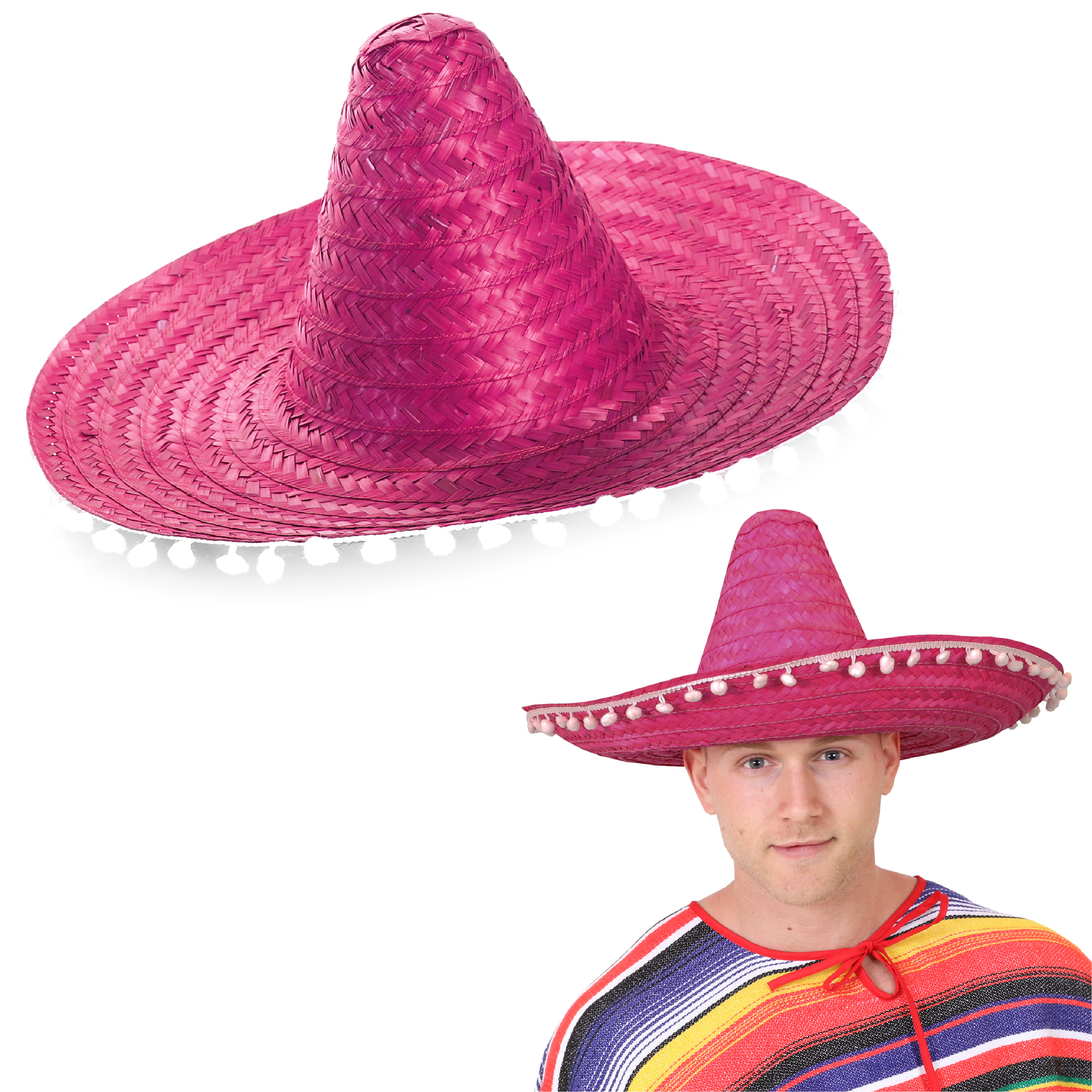 Pink Mexican Sombrero with Pom Pom Edging