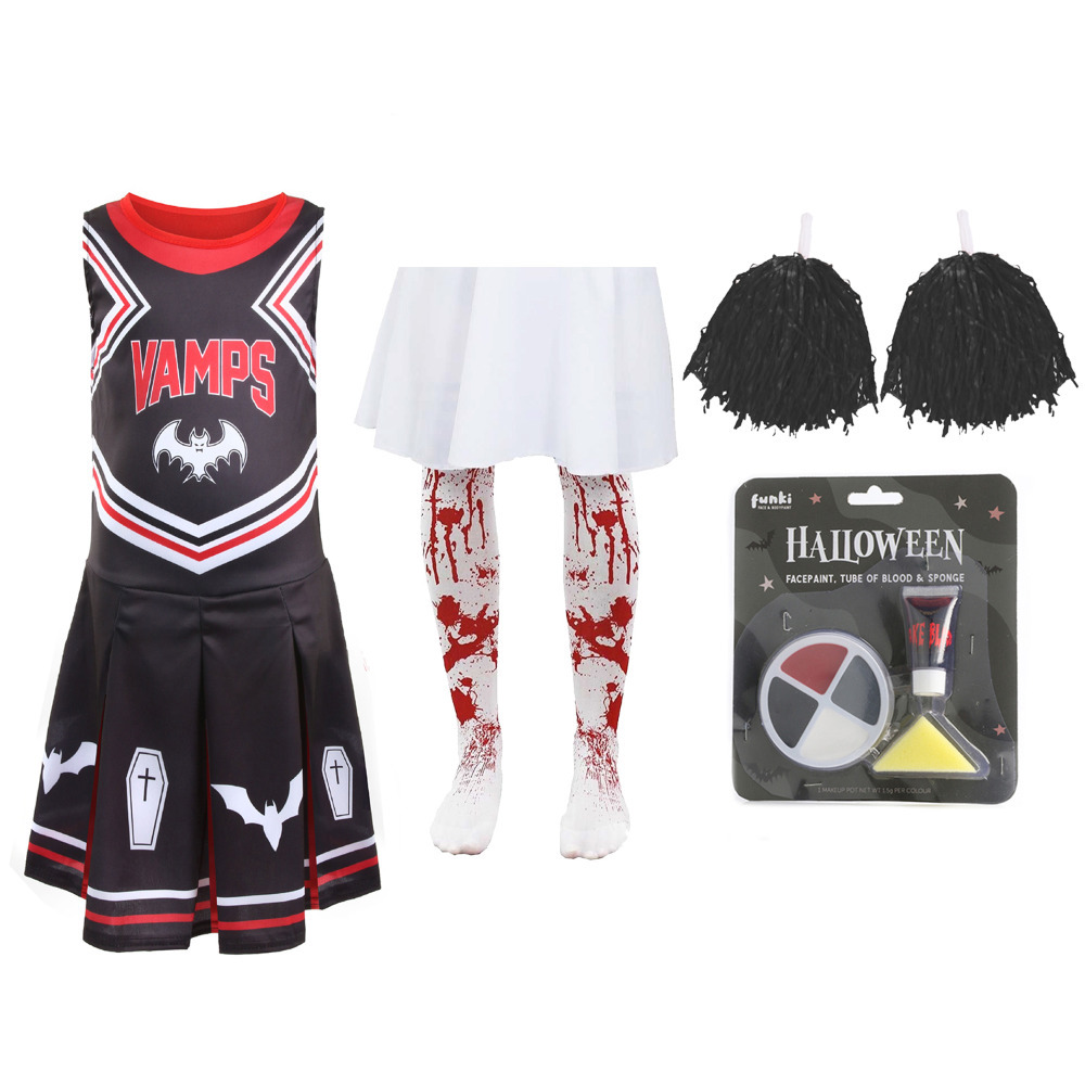 Girls Halloween Vampire Cheerleader - Facepaint, Bloody Tights, and Pom Poms