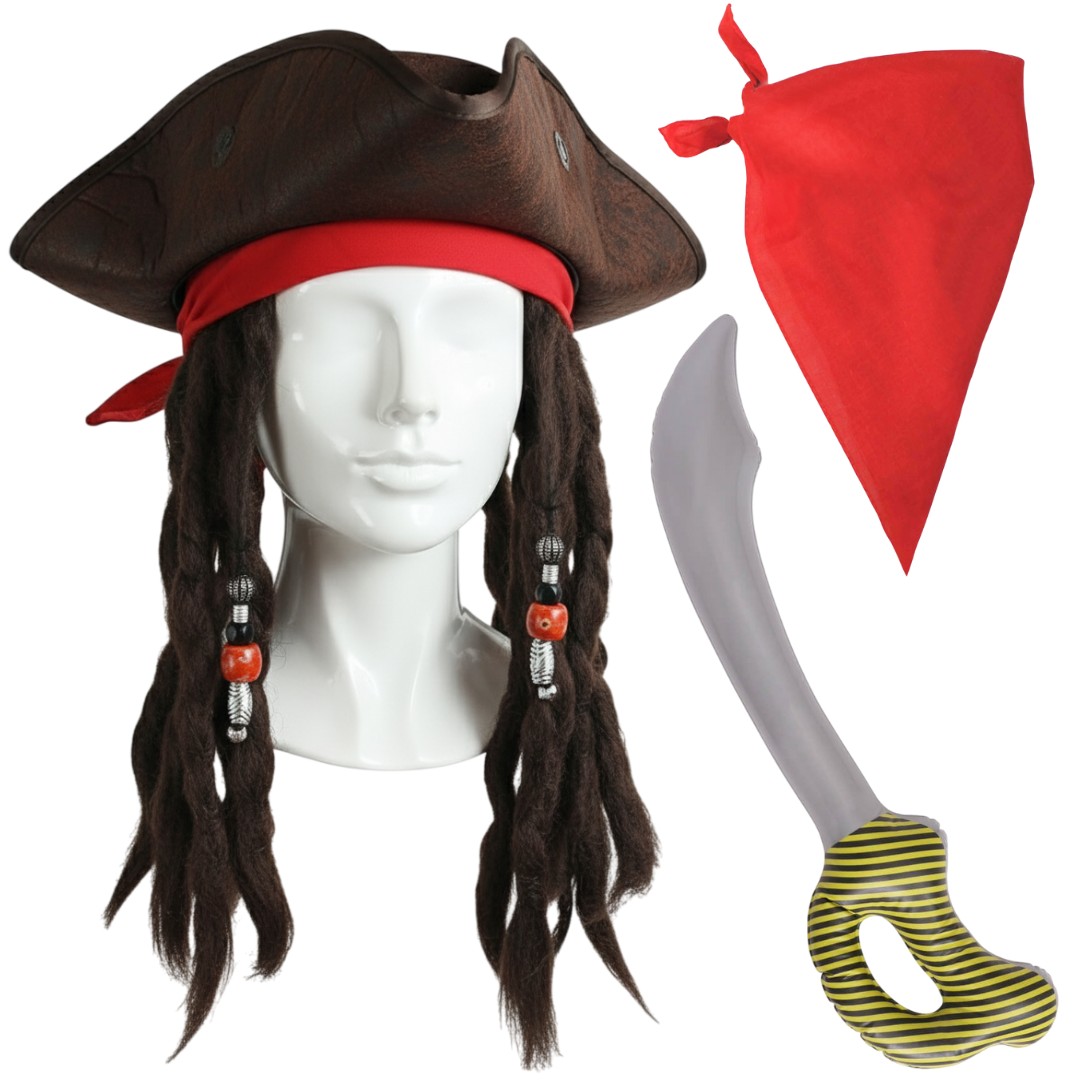 Adults Captain Pirate Accessory Set | 3 Pcs | Hat with Attached Hair, Bandana & Inflatable Swords