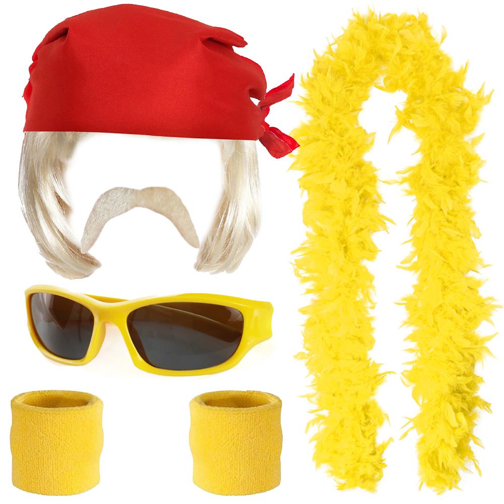 Deluxe Hulk Hogan Wrestling Costume Accessory Set – Bandana, Wig, Sunglasses, Moustache, Sweat Bands & Yellow Feather Boa