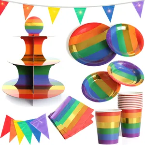 62-Piece Rainbow Partyware Set - Disposable Cups, Plates, Bowls, Napkins, Cake Stand & Light up Bunting for Parties & Events