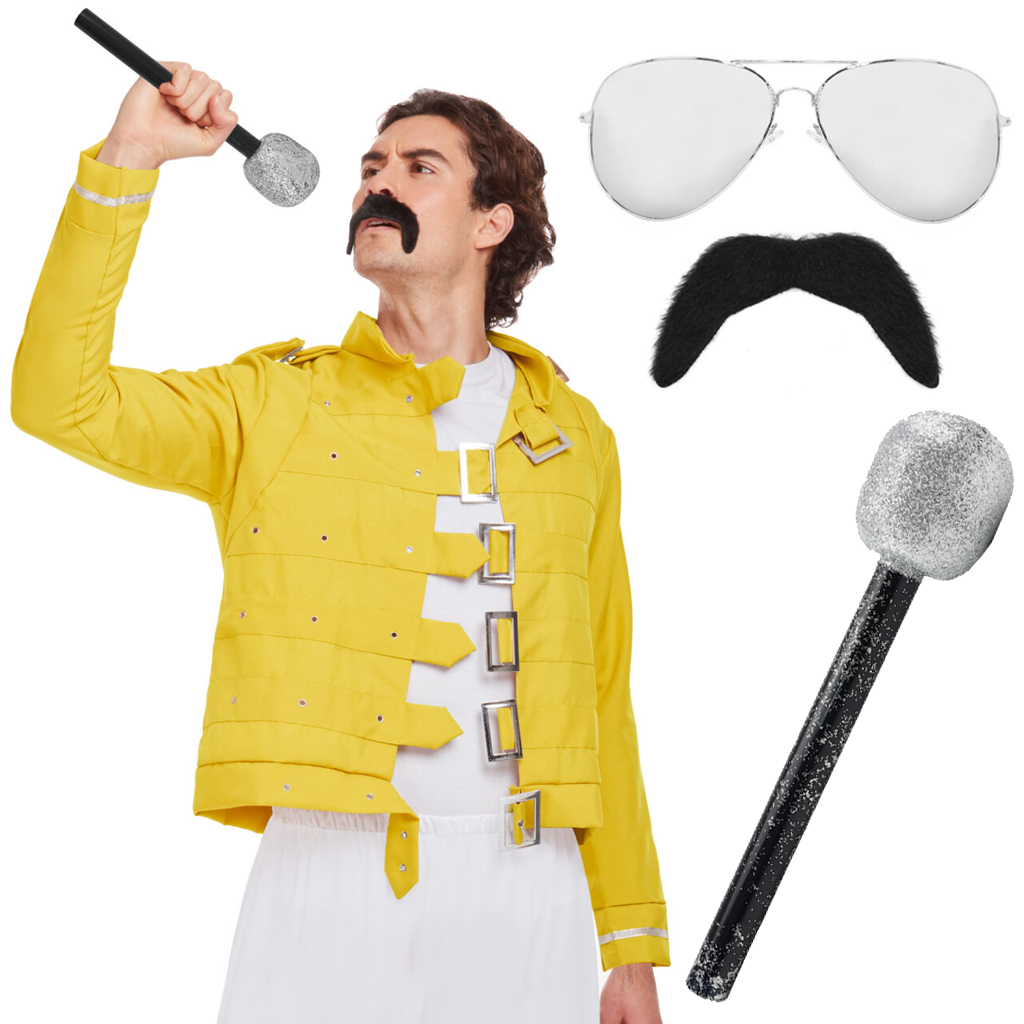 Adults 80's Rock Star Costume Set - Yellow Jacket, Moustache, Glasses & Microphone