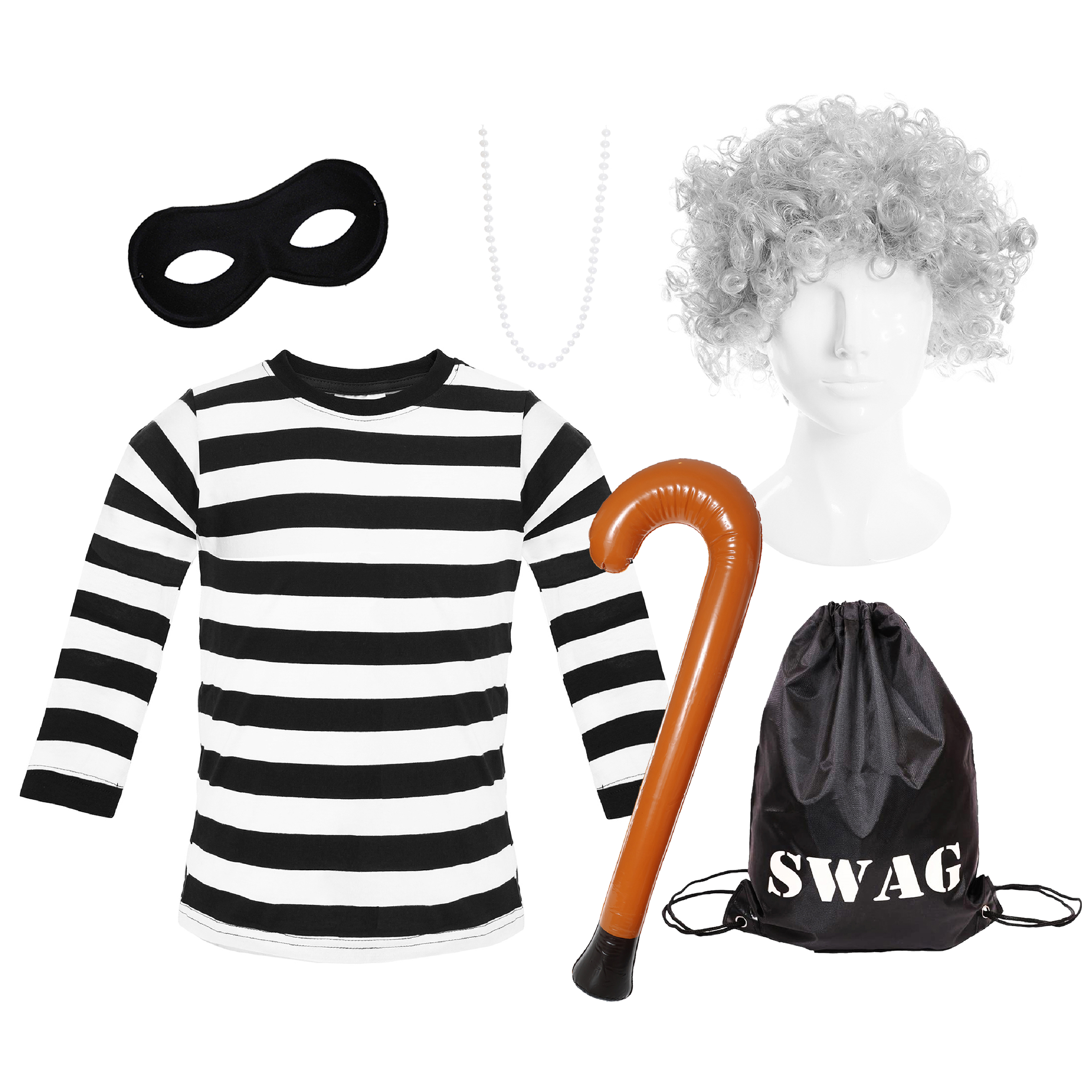 Adults Grandma Burglar Costume - Long Sleeve Top, Grey Afro Wig, Mask, Inflatable Walking Stick, Necklace & Swag Bag