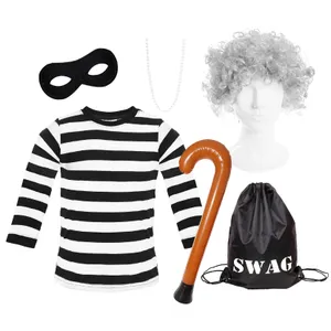 Adults Grandma Burglar Costume - Long Sleeve Top, Grey Afro Wig, Mask, Inflatable Walking Stick, Necklace & Swag Bag