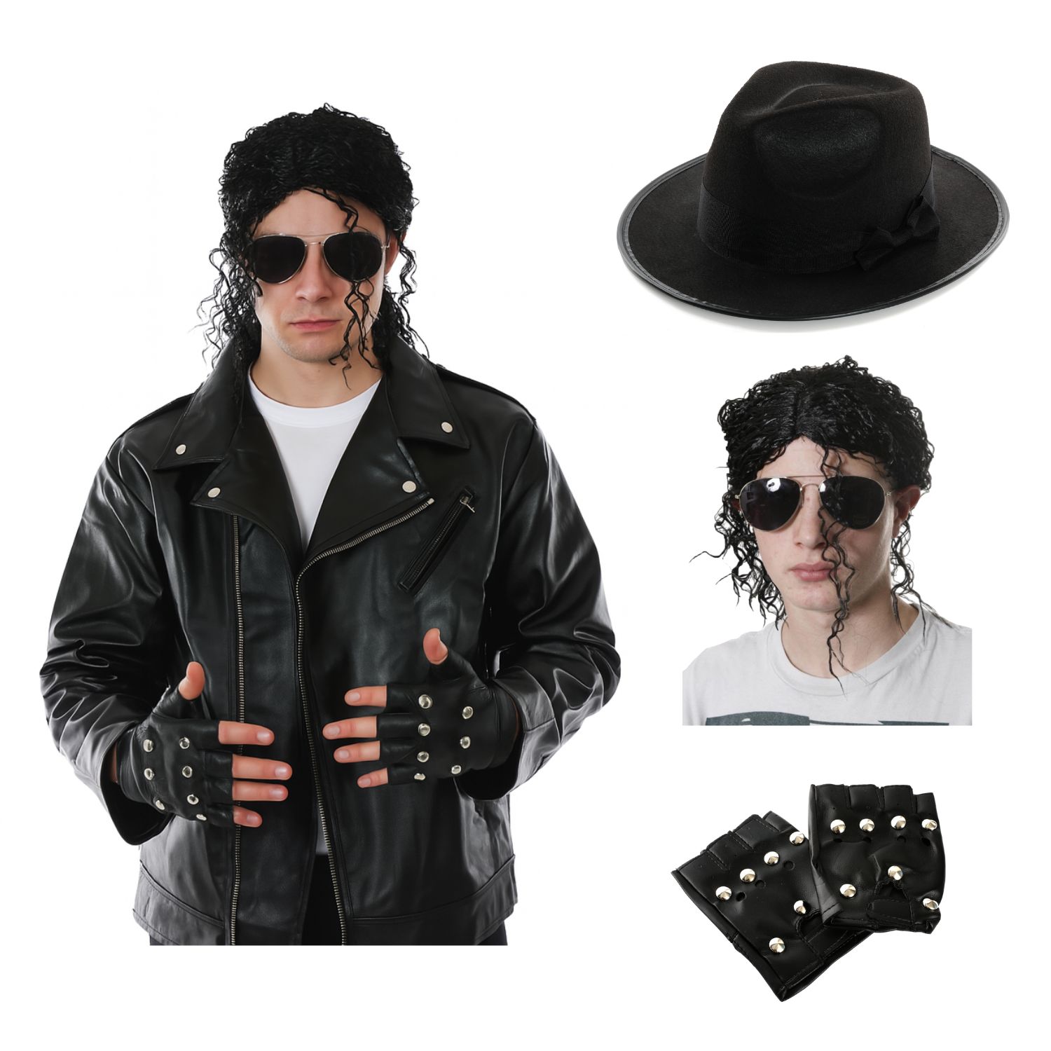 Adults King of Pop Costume | 4 Pcs | Leather Jacket, Wig, Gloves & Hat