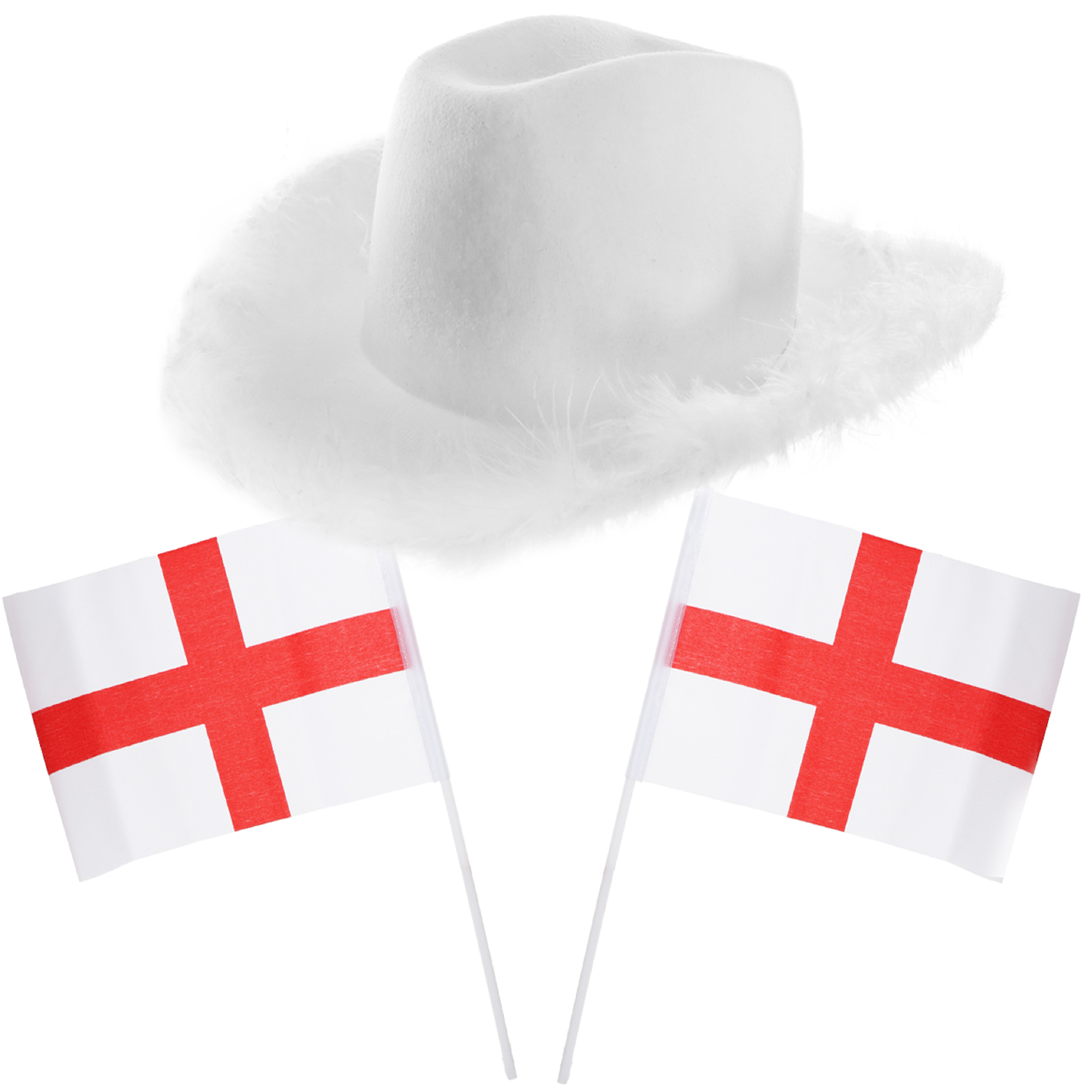 England Supporters Set - White Marabou Cowboy Hat & Waving Flags