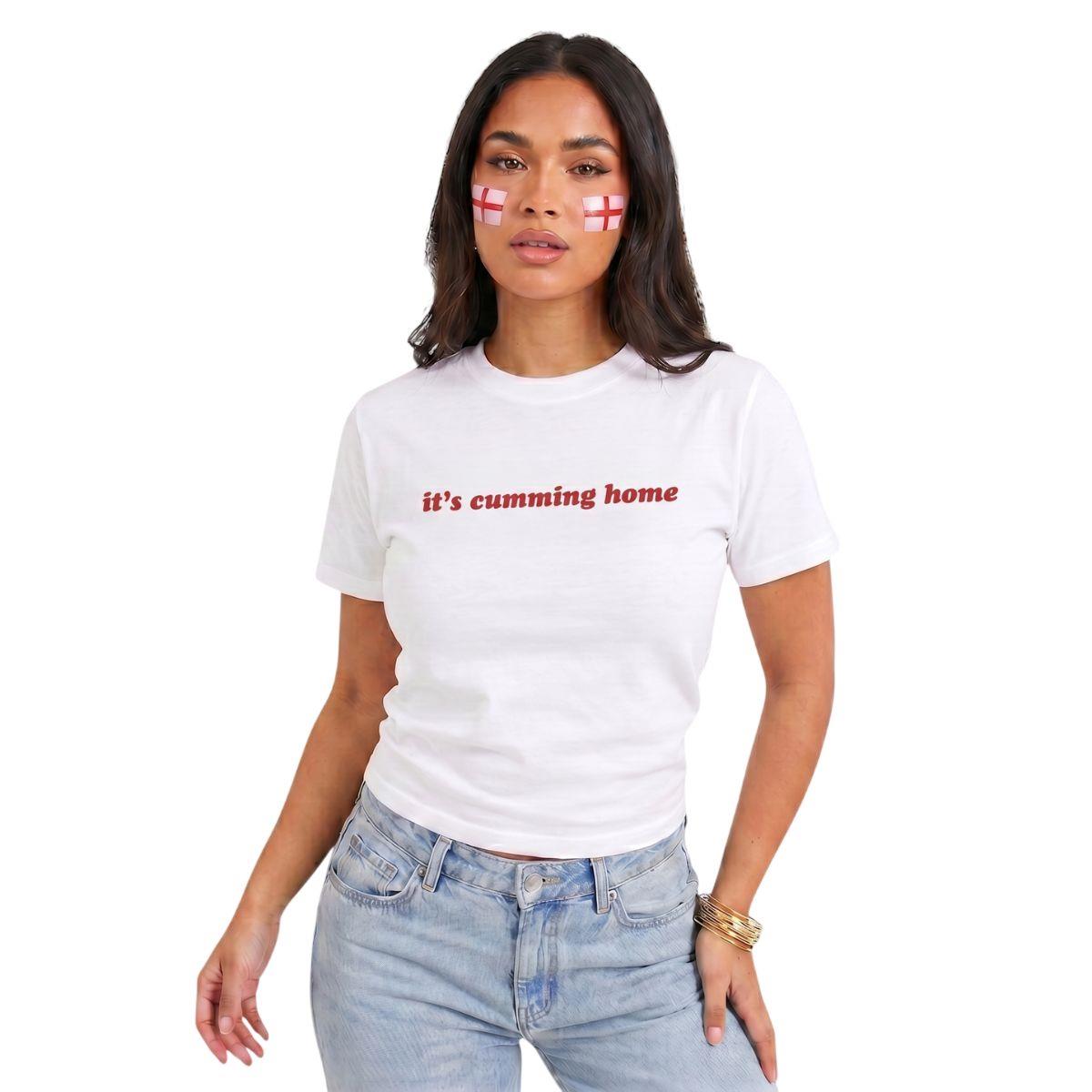 Women’s Baby Tee & 2 England Flag Tattoos – “It's Cumming Home” Football Slogan Top