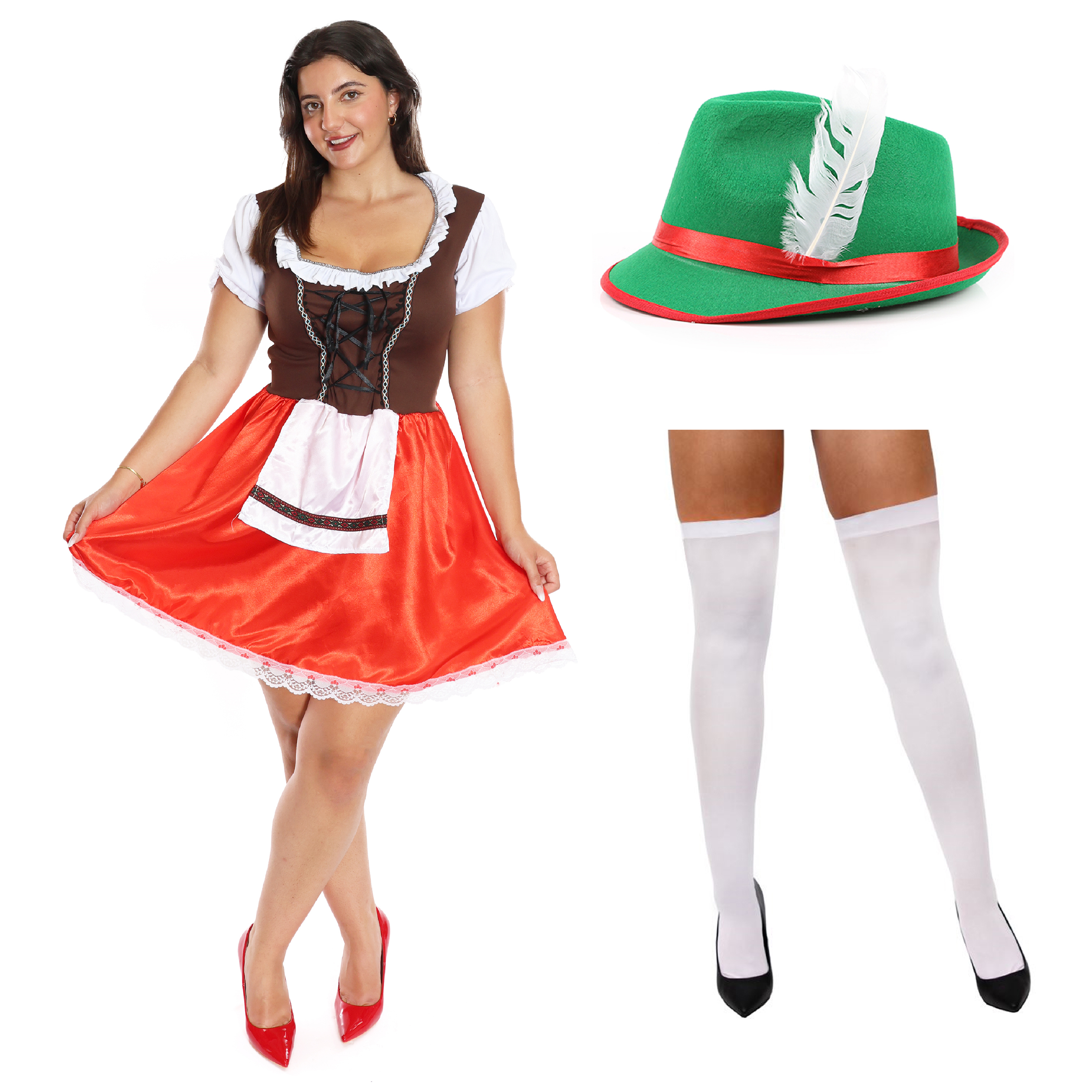 Ladies Red & Brown Bavarian Dress with Stockings & Green Hat