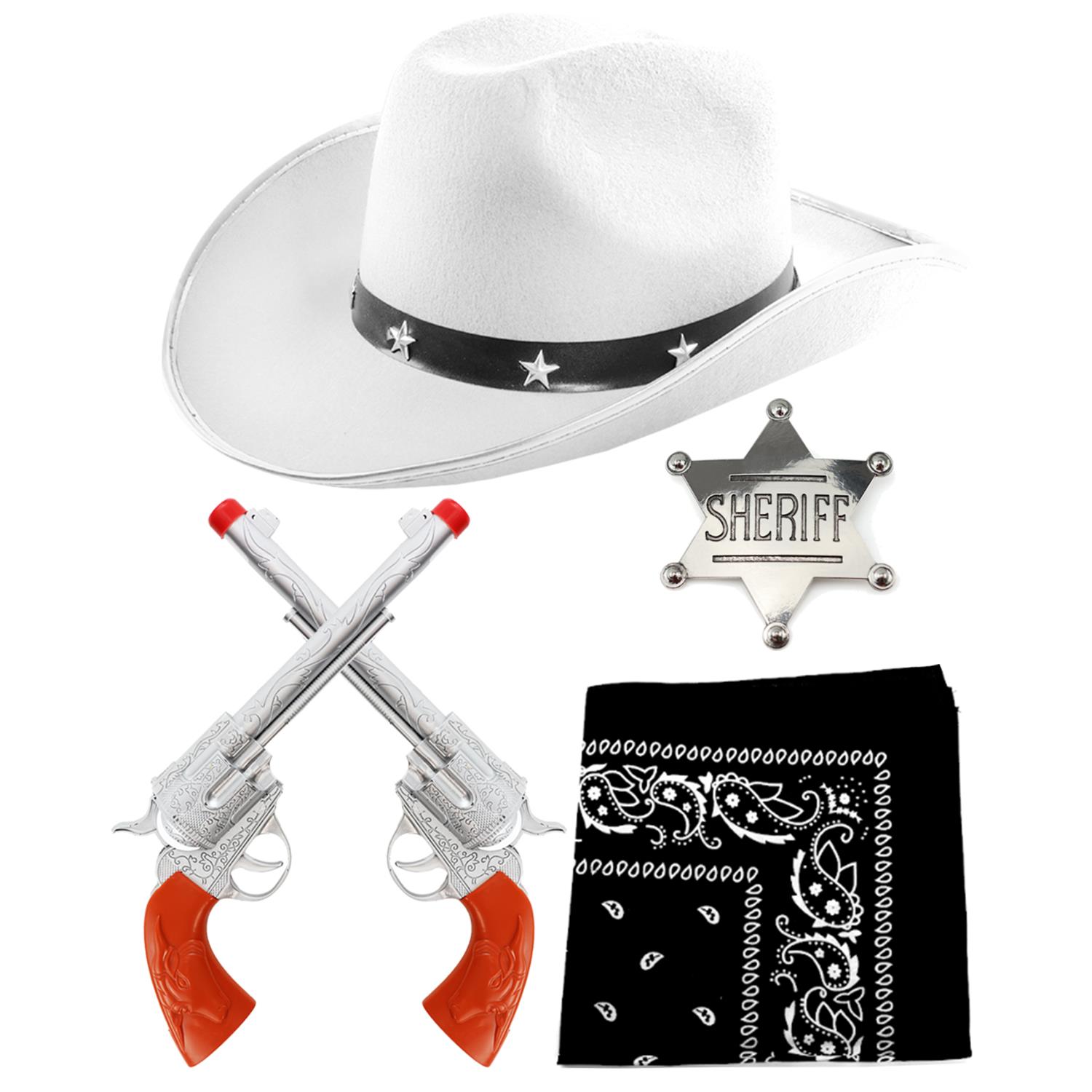 Adults Cowboy Accessory Set | 4 Pcs | White Studded Hat, Plastic Pistols, Bandana & Badge