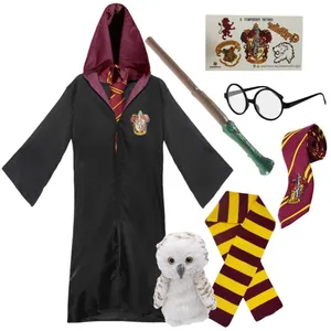Kids Harry Potter Costume | 7 Pcs | Gryffindor Cloak, Tie, Tattoos, Wand, Glasses, Scarf & Owl