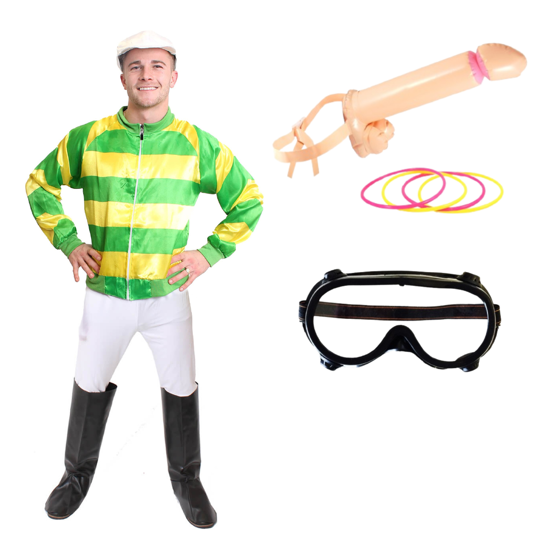 Adults Green & Yellow Knob Jockey Costume - White Trousers, Boot Covers, Black Goggles & Novelty Willy Ring Toss Game