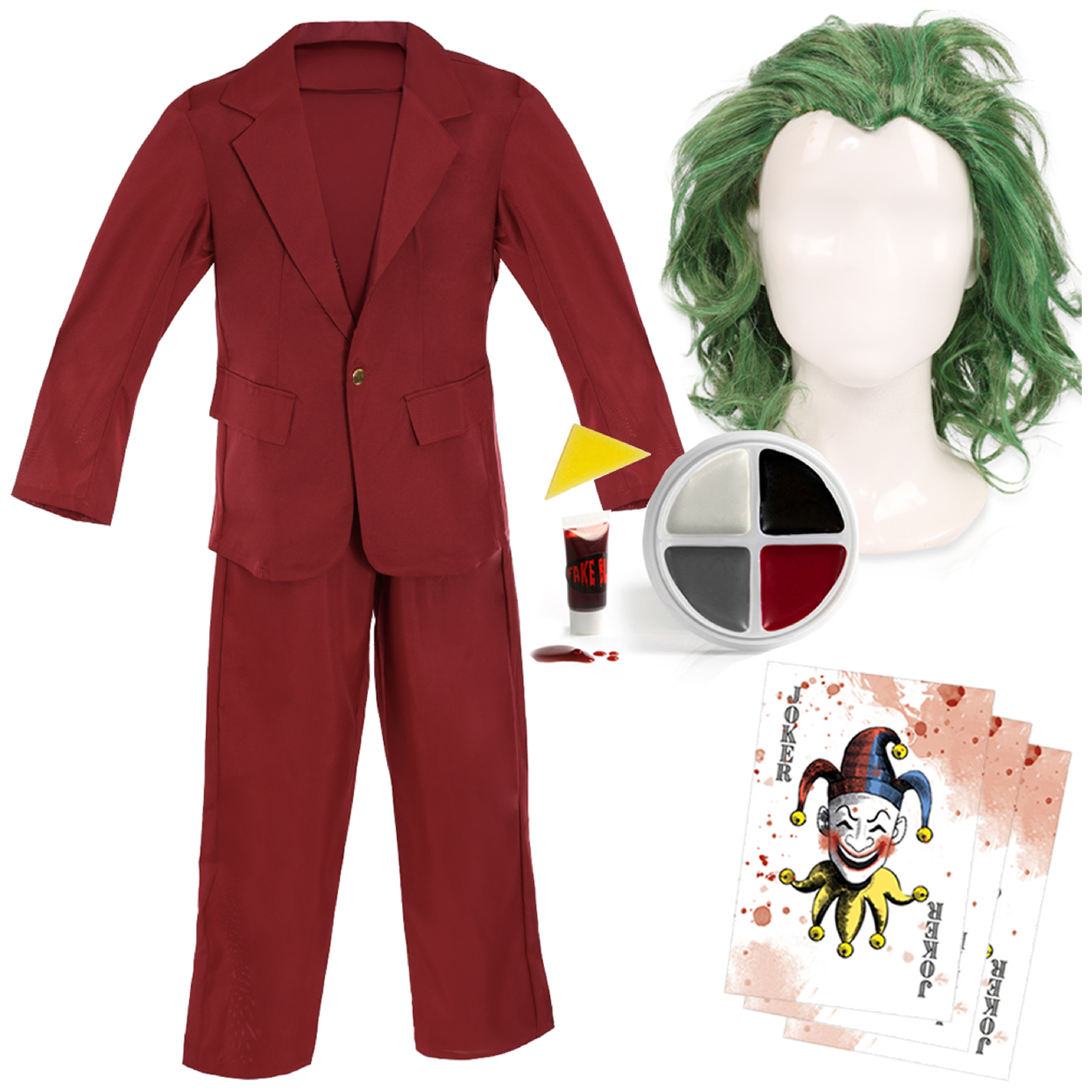 Men's Laughing Man Burgundy Suit Costume with Business Cards