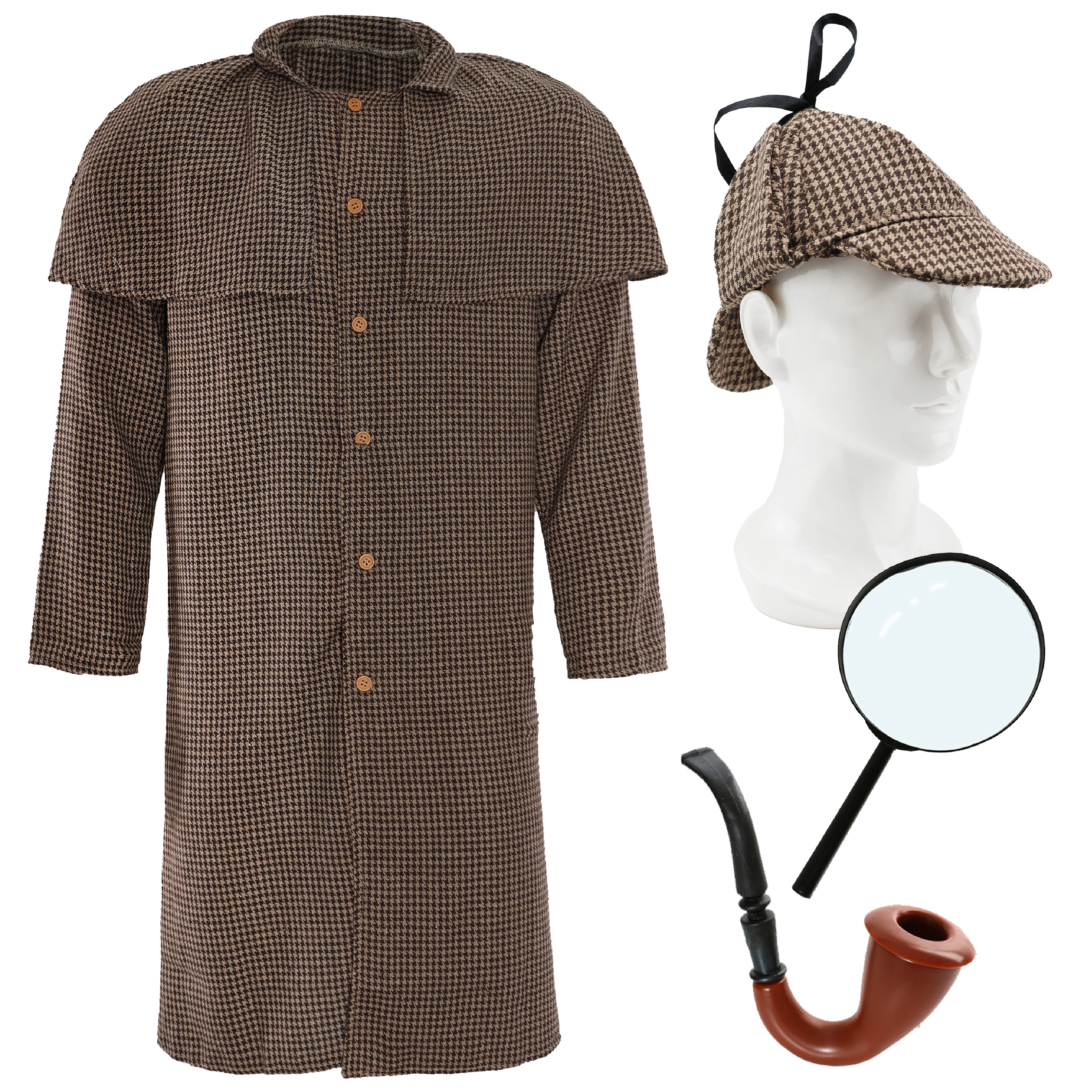 Mens Detective Costume with Magnifying Glass & Pipe