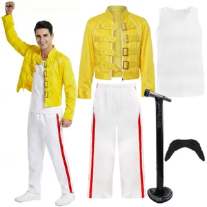 Adults 80's Rock Star Costume | 5 Pcs | Yellow Jacket, Vest, White Trousers, Tash & Inflatable Mic Stand