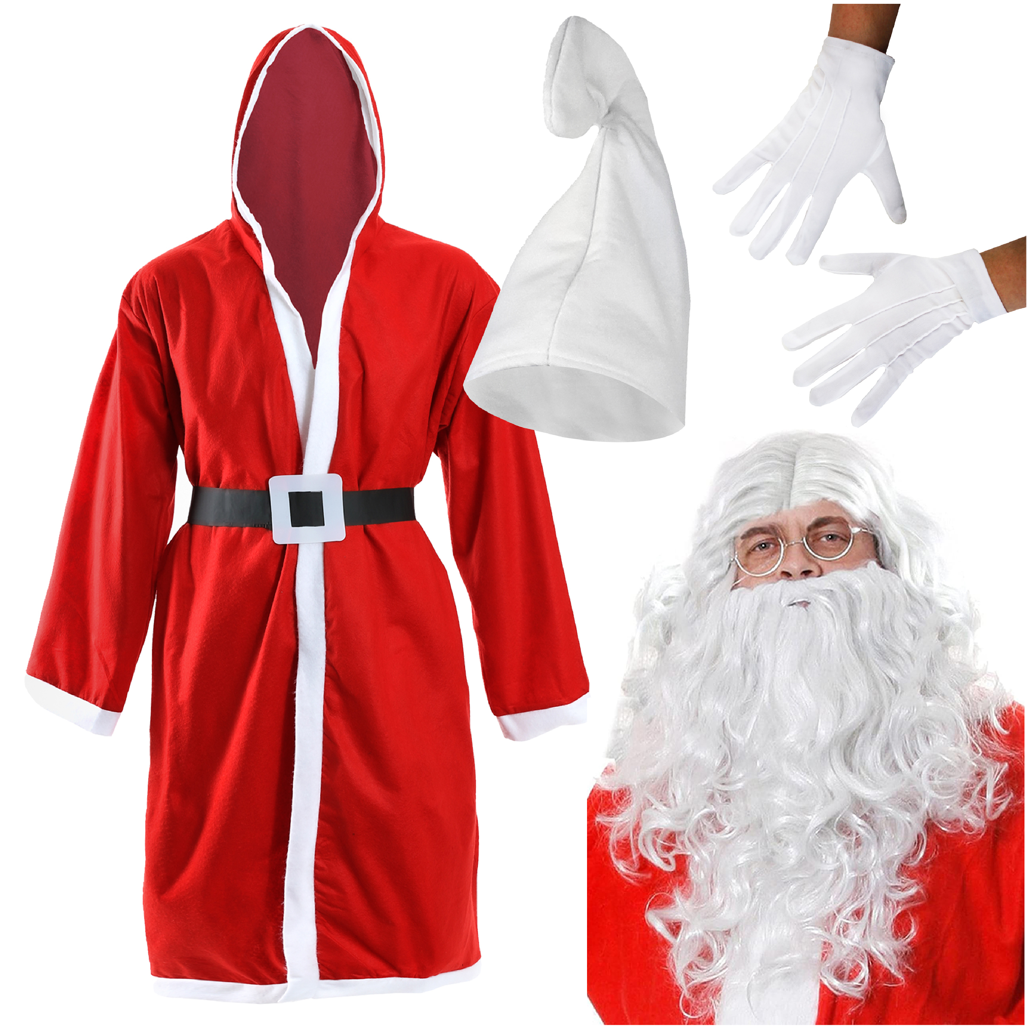 3 Piece Santa Costume - with Long White Beard, Hat & Gloves