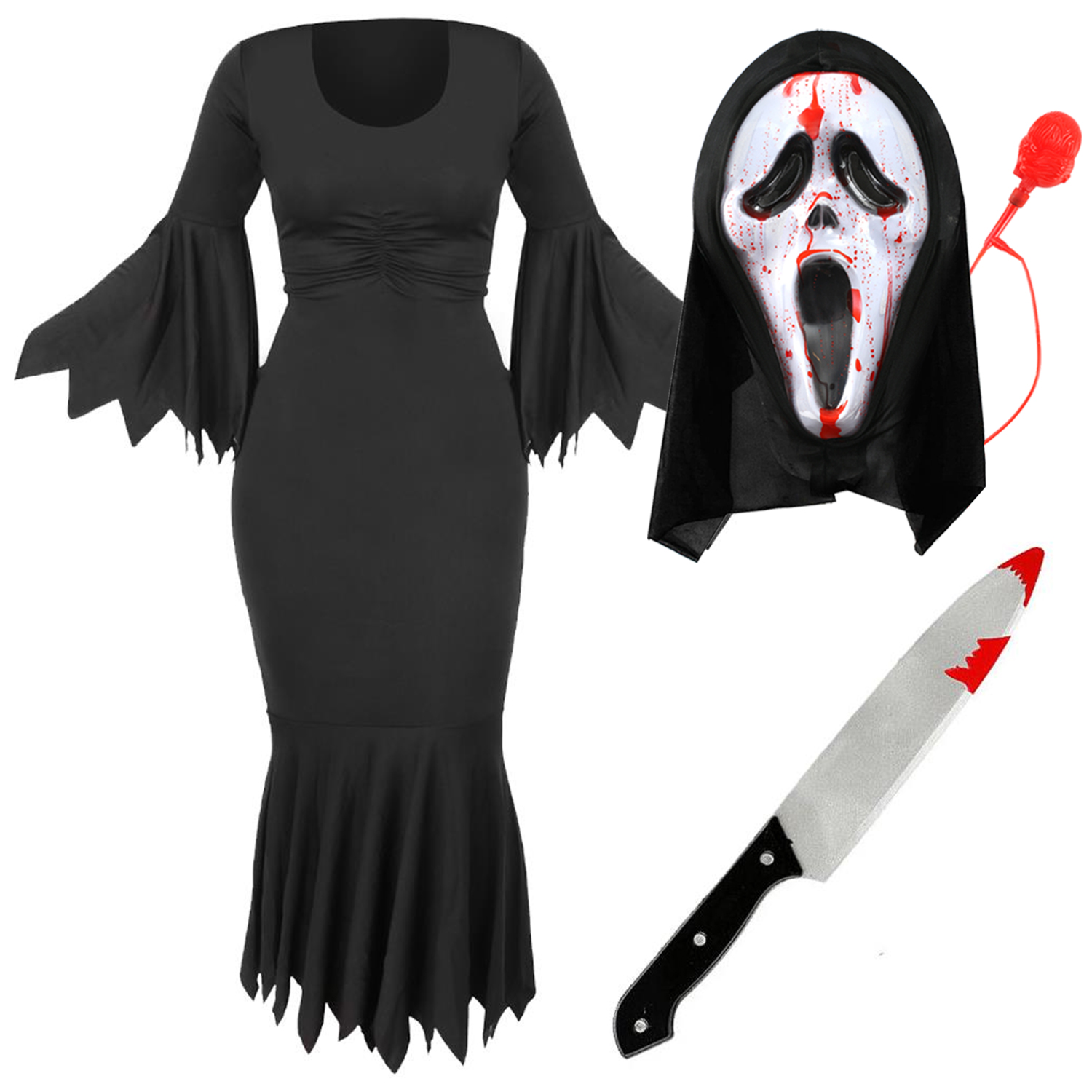 Ladies Screamer Costume - Dress, Blood Pump Mask & Knife Prop