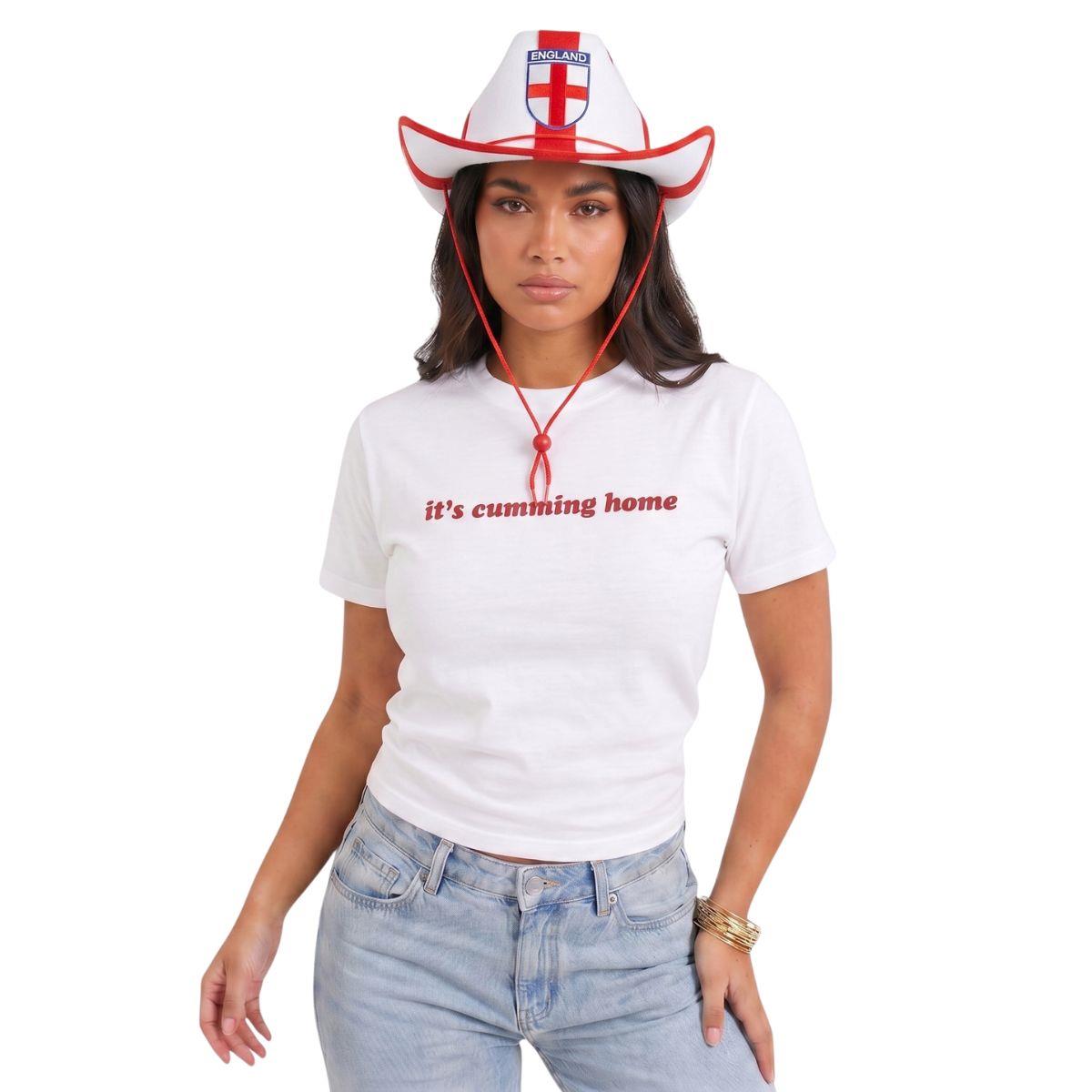 Women’s Baby Tee & England Flag Cowboy Hat – “It's Cumming Home” Football Slogan Top