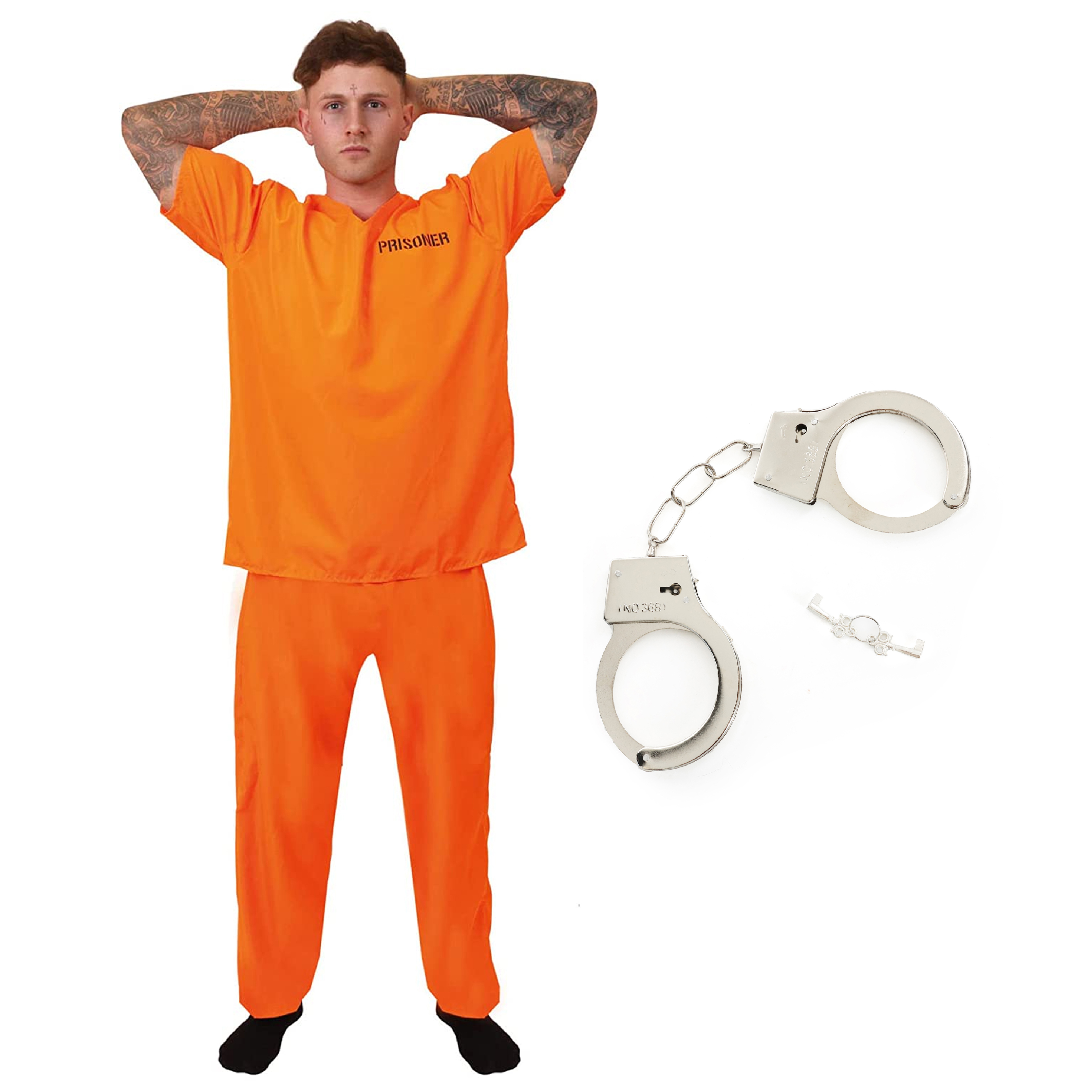 Mens Orange Prisoner Costume with Handcuffs