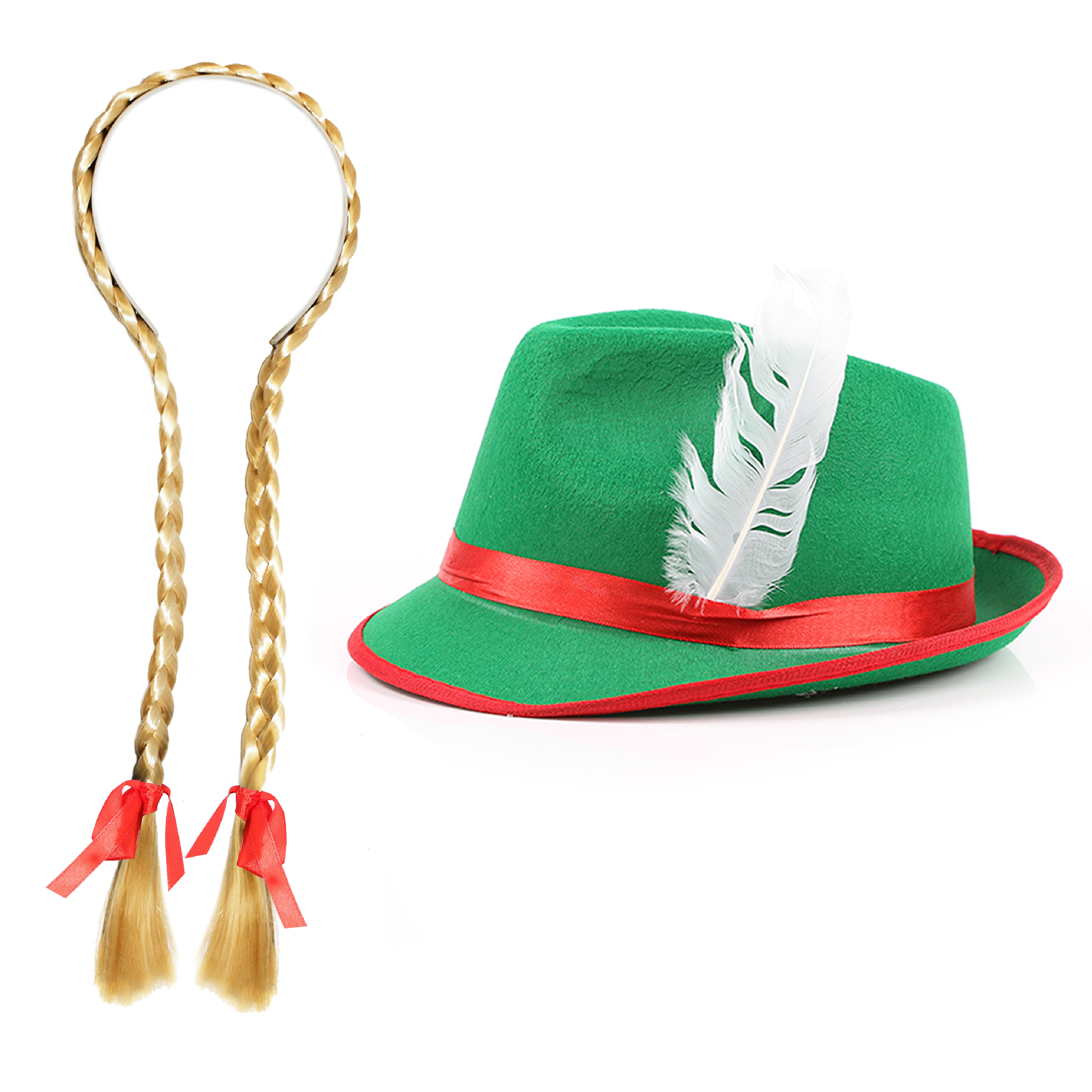 Green Bavarian Hat and Red Bow Plaits