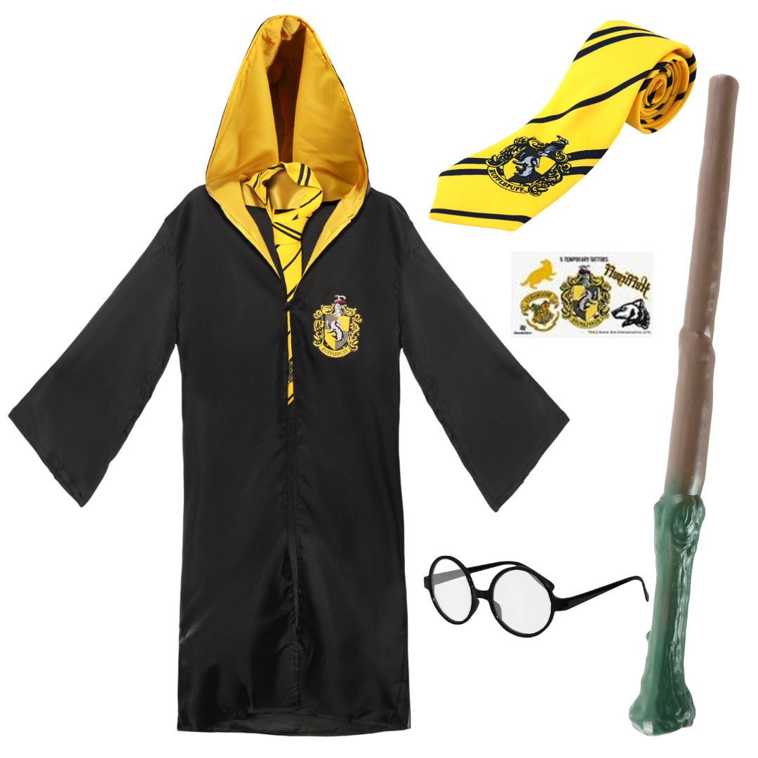 Kids Harry Potter Costume | 5 Pcs | Hufflepuff Cloak, Tie, Tattoos, Wand & Glasses
