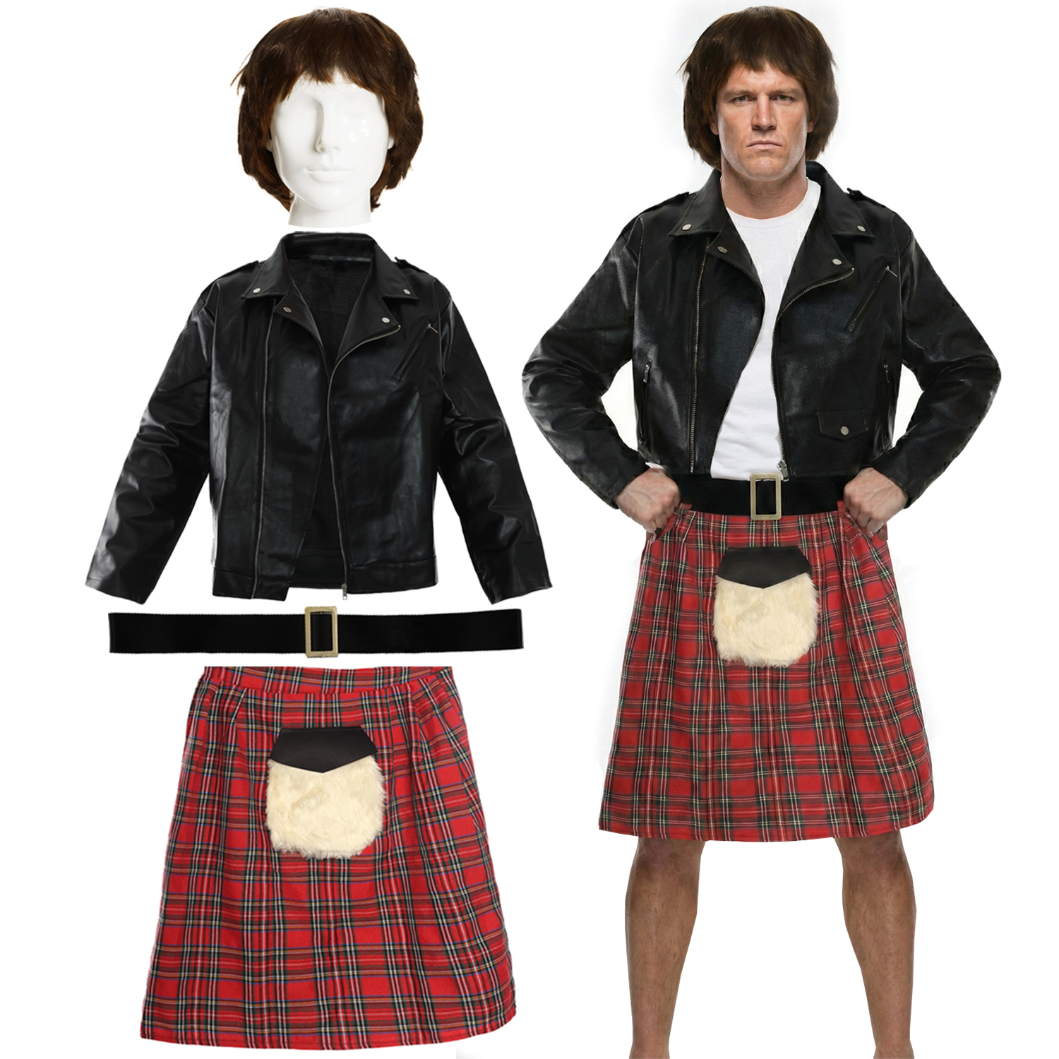 Men's Rowdy Wrestler Costume | 4 Pcs | Leather Jacket, Kilt, Wig & Belt