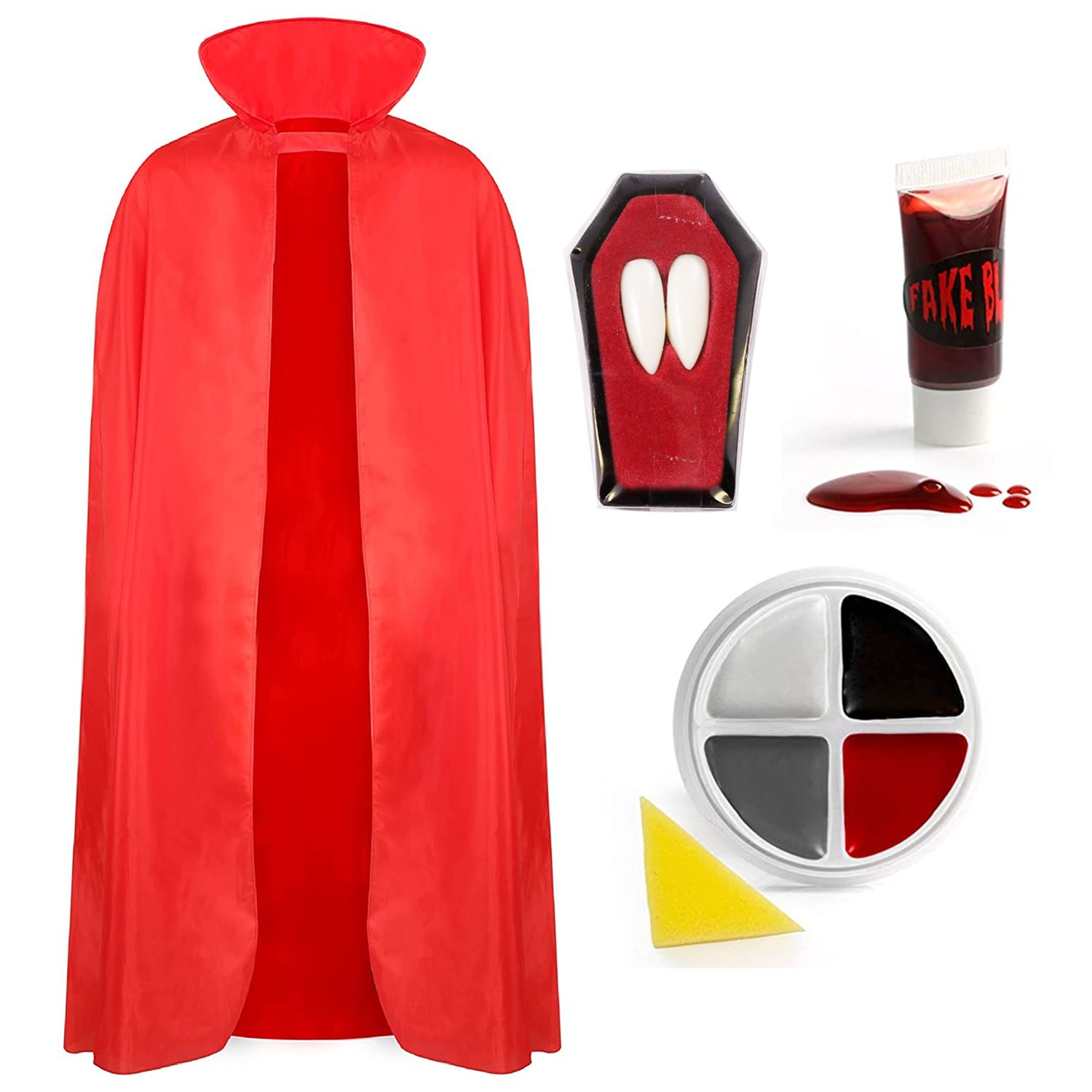 Adults Red Vampire Costume | 3 Pcs | Cape, Fangs & Face Paint