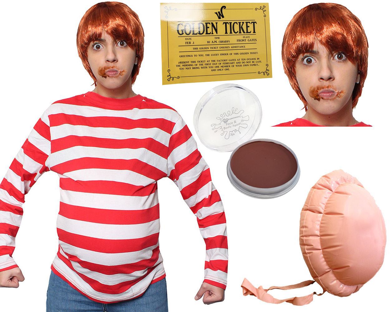 Adults Greedy Golden Ticket Winner Costume - Face Paint, Wig, Belly & Golden Ticket