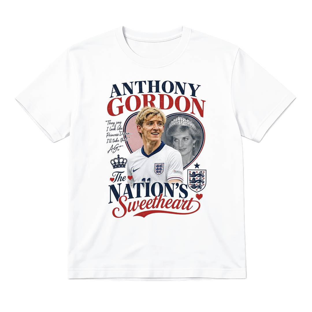 Adults Football T-Shirt | Men's & Women's Funny England Supporter Tee | White "Gordan, Nations Sweetheart" Graphic Top