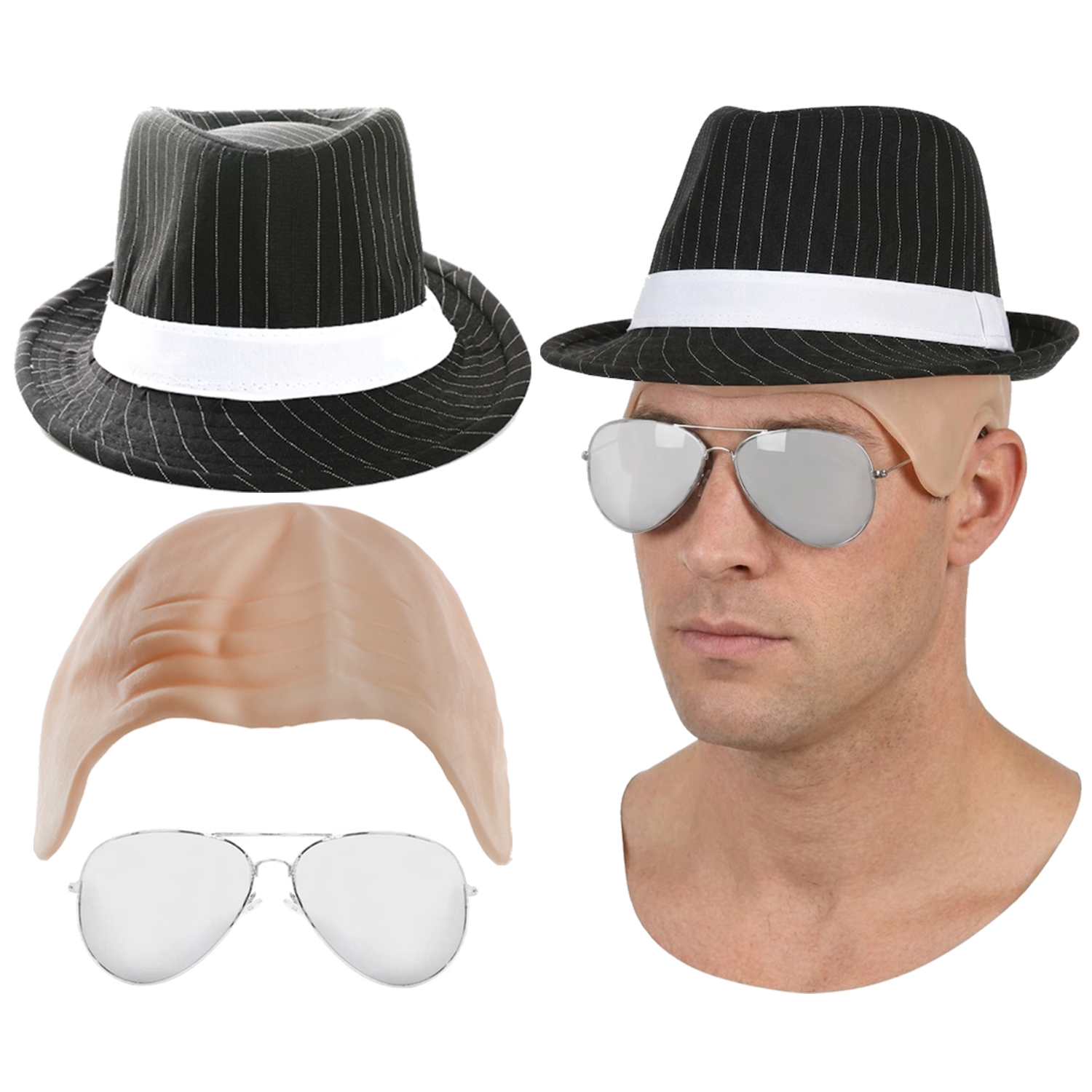 Adults 70's Crime Detector Accessory Set | 3 Pcs | Hat, Bald Cap & Sunglasses