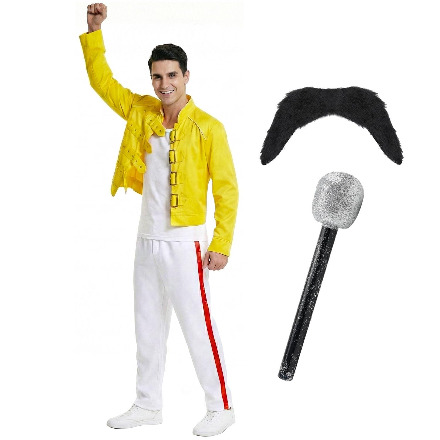 Adults 80's Rock Star Costume Set | 4 Pcs | Yellow Jacket, White Trousers, Tash & Mic